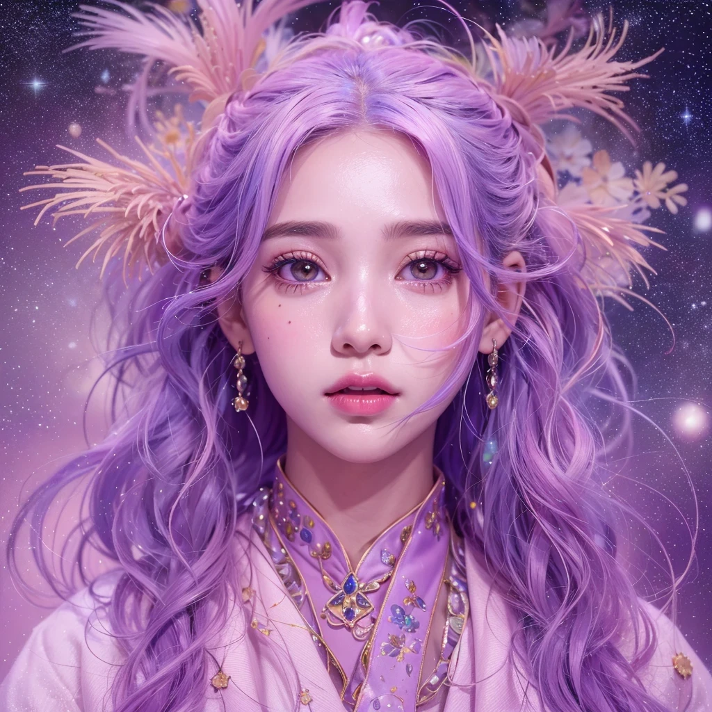 (((Single eyelid)))Snow hoop exclusion area 32K(tmasterpiece,k hd,hyper HD,32K)Long flowing purple-pink hair,Autumn Pond,zydink, a color, Tongzhou people (Girl with glowing eyes), (Thin silk scarf), Side squat position, looking at the ground, long whitr hair, Floating hair, Python headdress, Chinese long-sleeved clothing, (abstract ink splash:1.2), white backgrounid,Lotus protector(realisticlying:1.4),Purple-pink hair,Snowflakes fluttering,The background is pure, A high resolution, the detail, RAW photogr, Sharp Re, Nikon D850 Film Stock Photo by Jefferies Lee 4 Kodak Portra 400 Camera F1.6 shots, Rich colors, ultra-realistic vivid textures, Dramatic lighting, Unreal Engine Art Station Trend, cinestir 800,Long flowing purple-pink hair,((masterpiece)). This artwork is sweet, dreamy and ethereal, with soft pink watercolor hues and candy accents. Generate a delicate and demure fae exploring a (bubblegum world with a wide variety of pastel shades). Her sweet face is extremely detailed and realistic with elegant features and a fierce expression, and looks like ((((naomi scott)))). Include mature features and stunning, highly realistic eyes. Her eyes are important and should be realistic, highly detailed, and beautiful. In high definition and detail, include lots of details like stars, galaxies, colorful bubbles, colorful petals, and lots of energy and emotion! The stars and colorful bubblegum bubbles are important! Include fantasy details, enhanced details, iridescence, colorful glittering wind, and pollen. Pay special attention to her face and make sure it is beautifully and realistically detailed. The image should be dreamy and ethereal.8k, intricate, elegant, highly detailed, majestic, digital photography