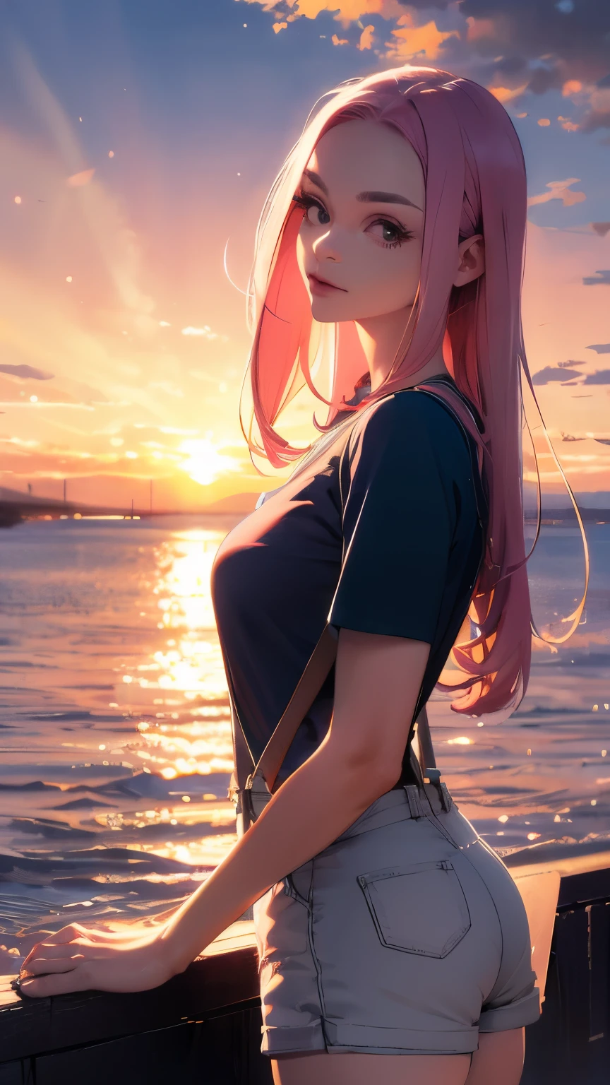 Shorts and suspenders, a tight-fitting T-shirt, pink hair, a beautiful woman with eight heads, a bright sunset against the background of the sea seen from the port, high image quality, high definition, a masterpiece, artistic composition, brightly illuminating the face of the person.