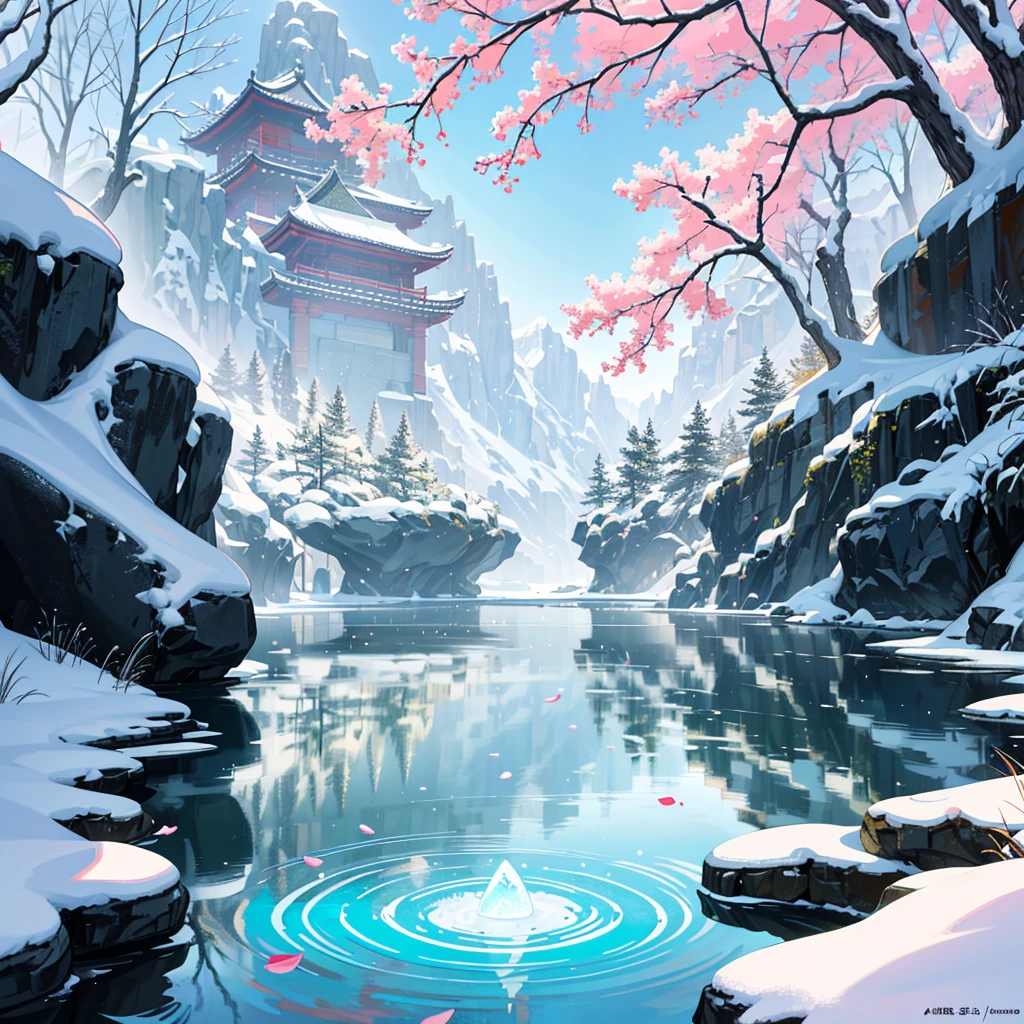 Ancient Chinese architecture, Cool colors, A snow-white world, garden,Heavy snow in winter，snow, lake, Stone Bridge, rockery, arch, corner, Tree, Tap water, landscape, outdoor, Fall, Grass, rock, Pond lotus has dense teeth, (illustration: 1.0) , Epic creation, High-resolution details, masterpiece, best quality, (Very detailed CG Unity 8k wallpaper) - Chinese style