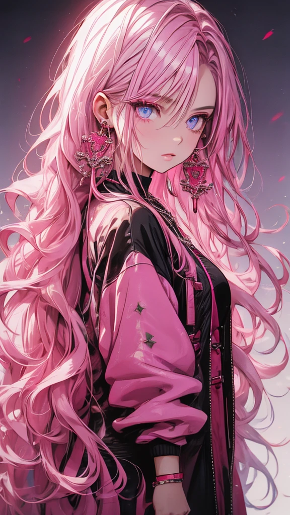 red stream, 1 girl, alone, Long Hair, Looking at the audience, Blue Eyes Background, White Background, jewelry, Mouth closed, Jacket, Upper Body, Pink Hair, Earrings, Pink Eyes, necklace, From the side, sweater, lips, eyelash, Compensate, Wavy Hair, Earrings, cross, lipstick, ear Earrings, eye shadow, hoop Earrings, pink lips, Variegated eyes, Pink Theme, , pink eye shadow,