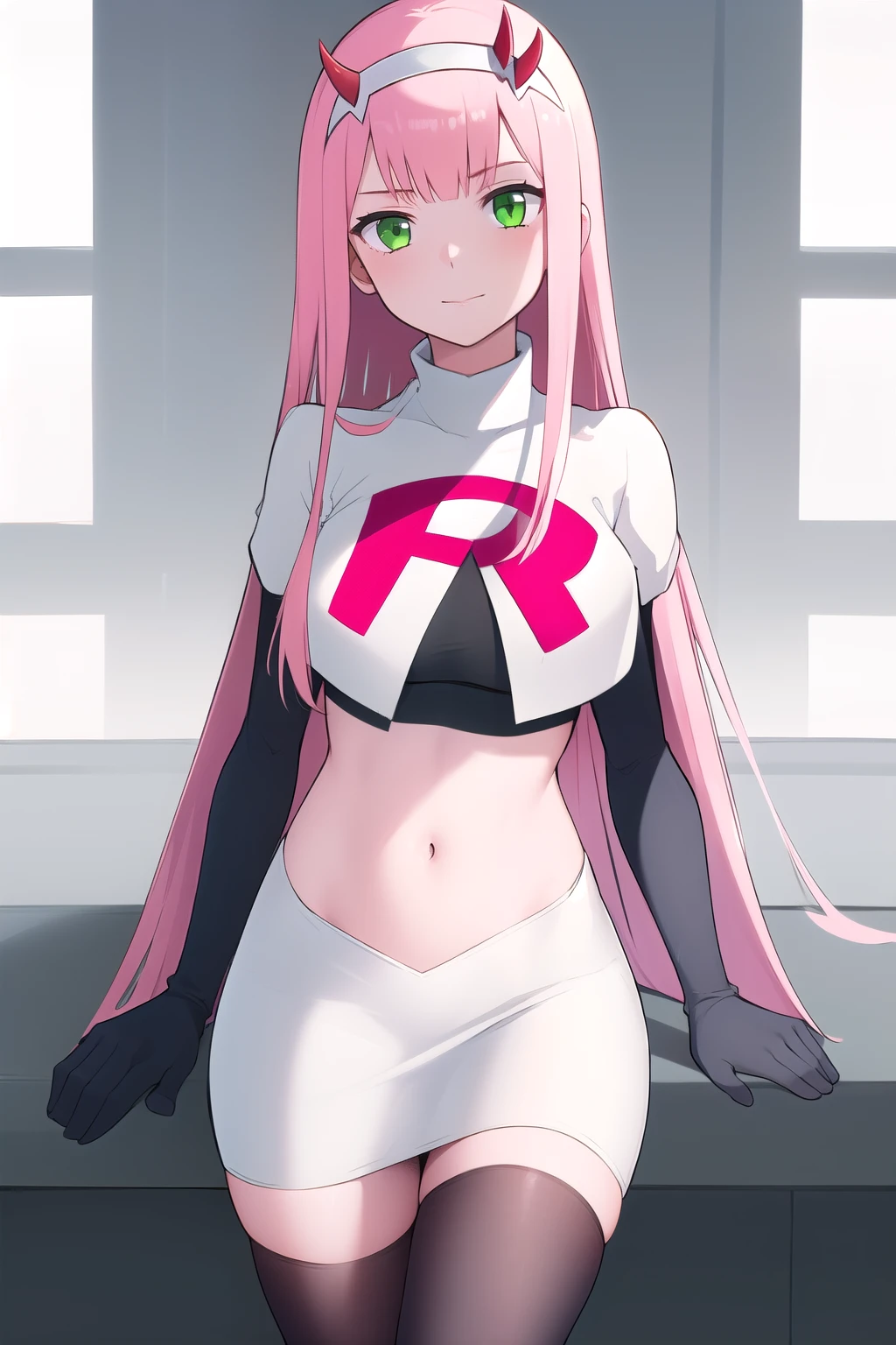 zero two \(darling in the franxx\), darling in the franxx, 1girl, ascot, bangs, green eyes, hairband, horns, long hair, looking at viewer, oni horns, pink hair, red horns, solo, team rocket,team rocket uniform,white skirt,red letter R,crop top,black thigh-highs, white hairband, ((masterpiece))