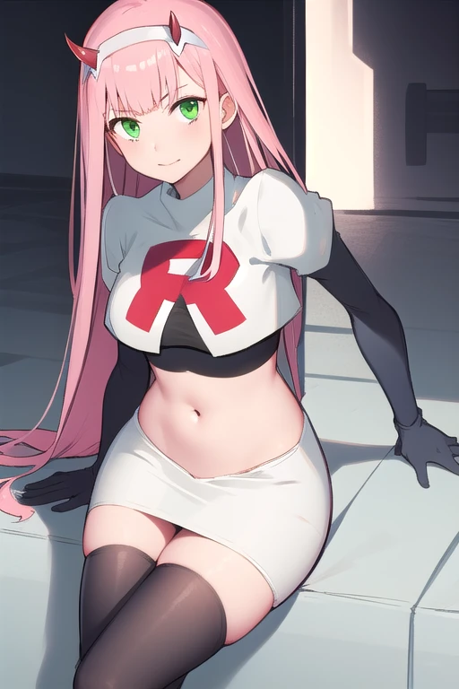 zero two \(darling in the franxx\), darling in the franxx, 1girl, ascot, bangs, green eyes, hairband, horns, long hair, looking at viewer, oni horns, pink hair, red horns, solo, team rocket,team rocket uniform,white skirt,red letter R,crop top,black thigh-highs, white hairband, ((masterpiece))