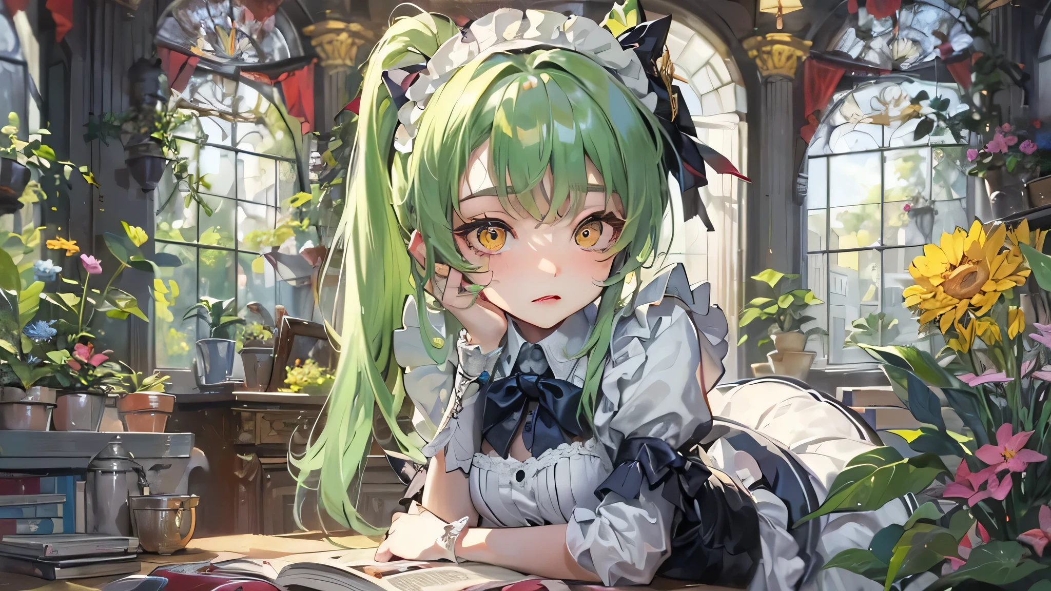 perfect anatomy, masterpiece:1.4, best quality, 8k, beautiful detailed grow, (sad style) (solo:1.3 ponytail green hair long hair cute girl, 15 yo, half closed yellow eyes, sad face), break, (in a detailed maid clothes), Lying on the table, in the enchanted garden.