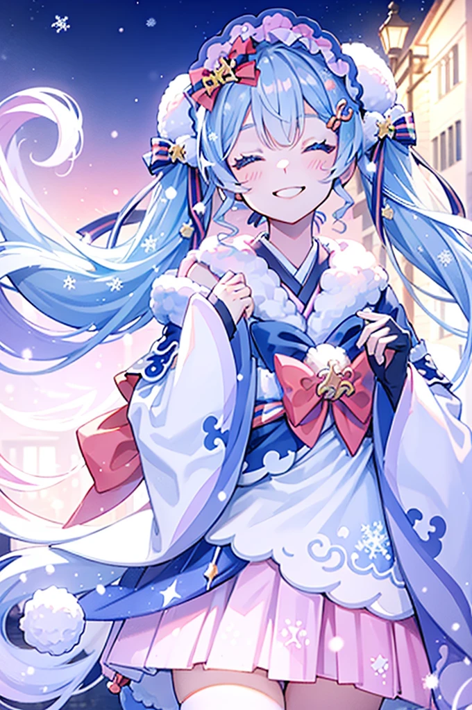 yukimiku2023, smiling, closed eyes, smiling_eyes, winter, floating, town square background, snowy, close up of face, beautiful lighting, depth of field, 8k wallpaper, sunset, holding a lantern