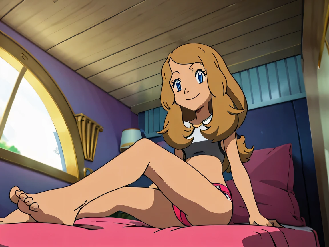 serena, solo, whole body, in her room, underwear, both bare legs and feet, sitting on bed, smiling, looking at viewer