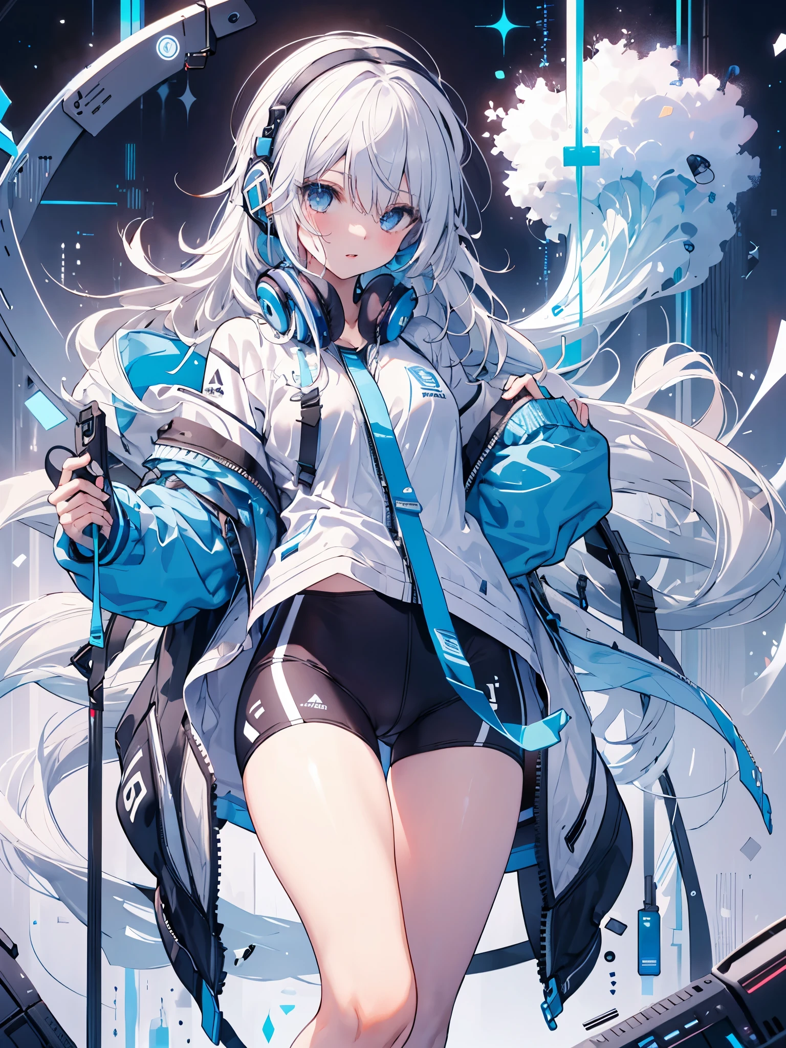 earphone,,Headset,Sportswear,Long hair,Girl,blue eyes,White hair,