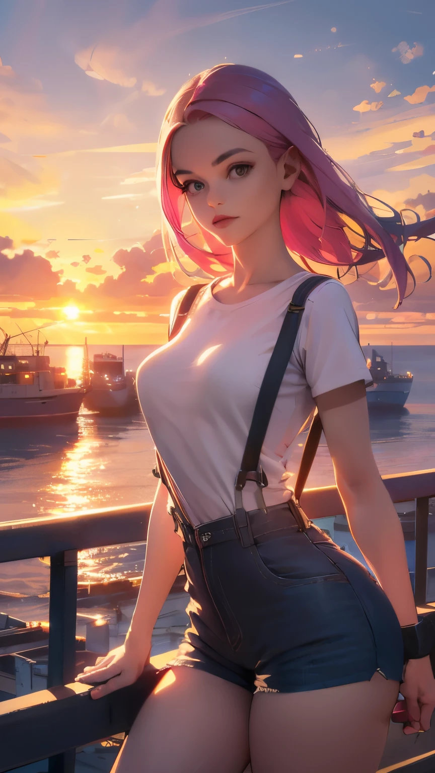 Shorts and suspenders, a tight-fitting T-shirt, pink hair, a beautiful woman with eight heads, a bright sunset against the background of the sea seen from the port, high image quality, high definition, a masterpiece, artistic composition, brightly illuminating the face of the person.