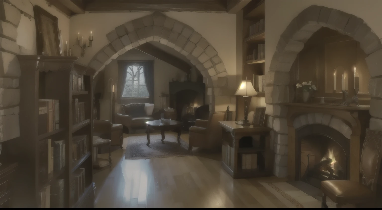 a cozy castle room, bookshelf, fireplace, old furniture