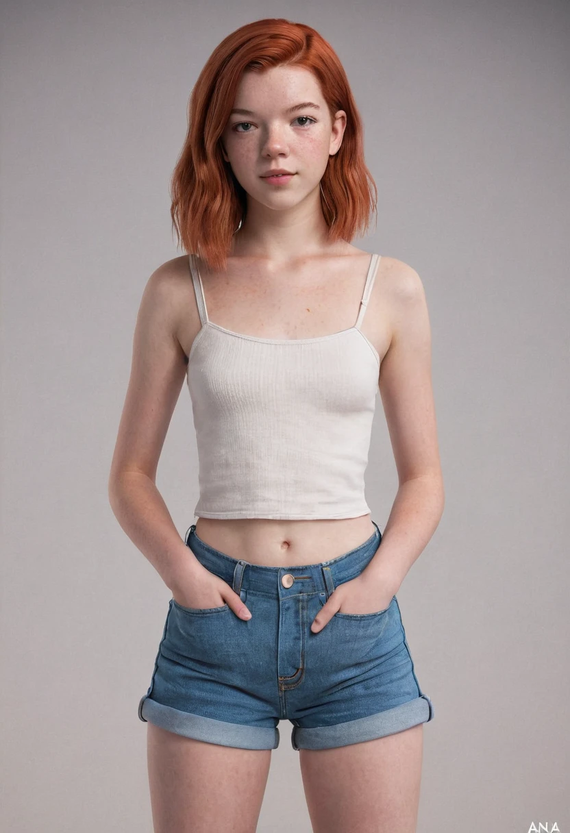 Full body view】red head, post-coital, High schooler, anya taylor joy with a flat chest, very , 18 years old, very horny, very small breasts, a cup breasts, ana saia from tiktok, freckles, wearing cut-off jean shorts that are very shor, photorealistic european girl render, ultra realistic, small breasts, tiny breasts, delicate soft hazy lighting, semi - realistic render, realistic shaded average body, beautiful skinny girl, smooth red skin, smooth pink skin, ig model | artgerm