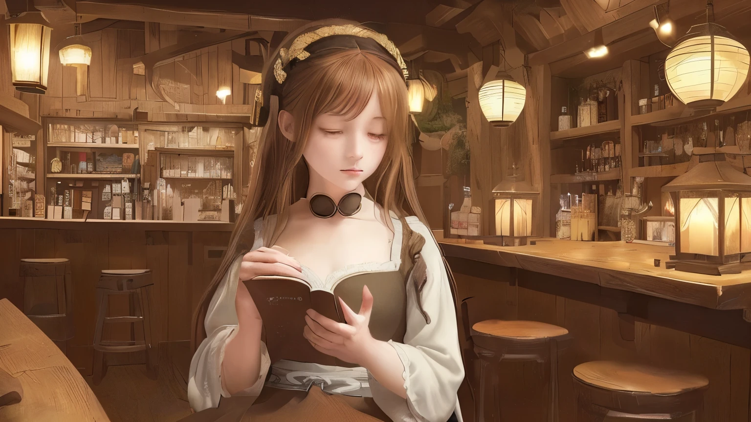 The illustrations evoke the atmosphere of a medieval tavern.、Please draw a scene of a young woman sitting comfortably.。Women in anime style、Please use lanterns to illuminate the interior of the store.。The background incorporates elements that evoke the atmosphere of Celtic music.、Please express a calm atmosphere。The woman is reading。The size of the female figures can be small.。The main focus of the illustration is a bar.。