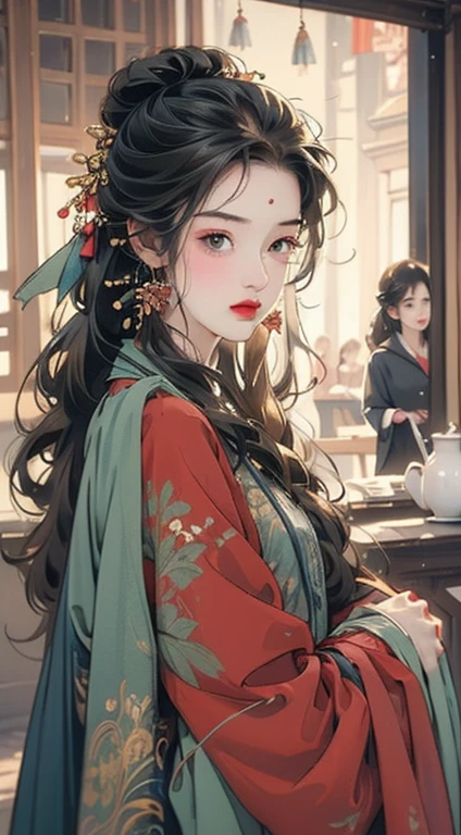 best quality, masterpiece, Ultra-high resolution, (Reality: 1.4), original photo, 1 Girl, Black hair and black pupils，Black cape，There was a sea of fire behind him， Movie Lighting
