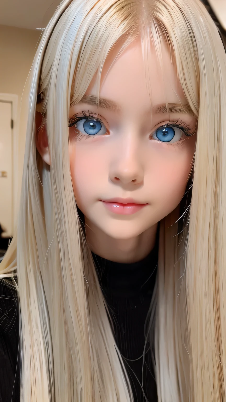 Very beautiful, bright, large light blue eyes、Very big eyes、Super long and beautiful platinum blonde hair、Super long straight hair、Silky Hair、long bangs over the eyes、Very beautiful face, Young and shiny white skin、Very beautiful appearance、Beautiful and cute face、Very beautiful 14 year old, Stylish Nordic blonde beauty、A little larger chest, Full Body, Pubic hair, Very cute、hair over eyes、hair over one eye、hair between eyes、