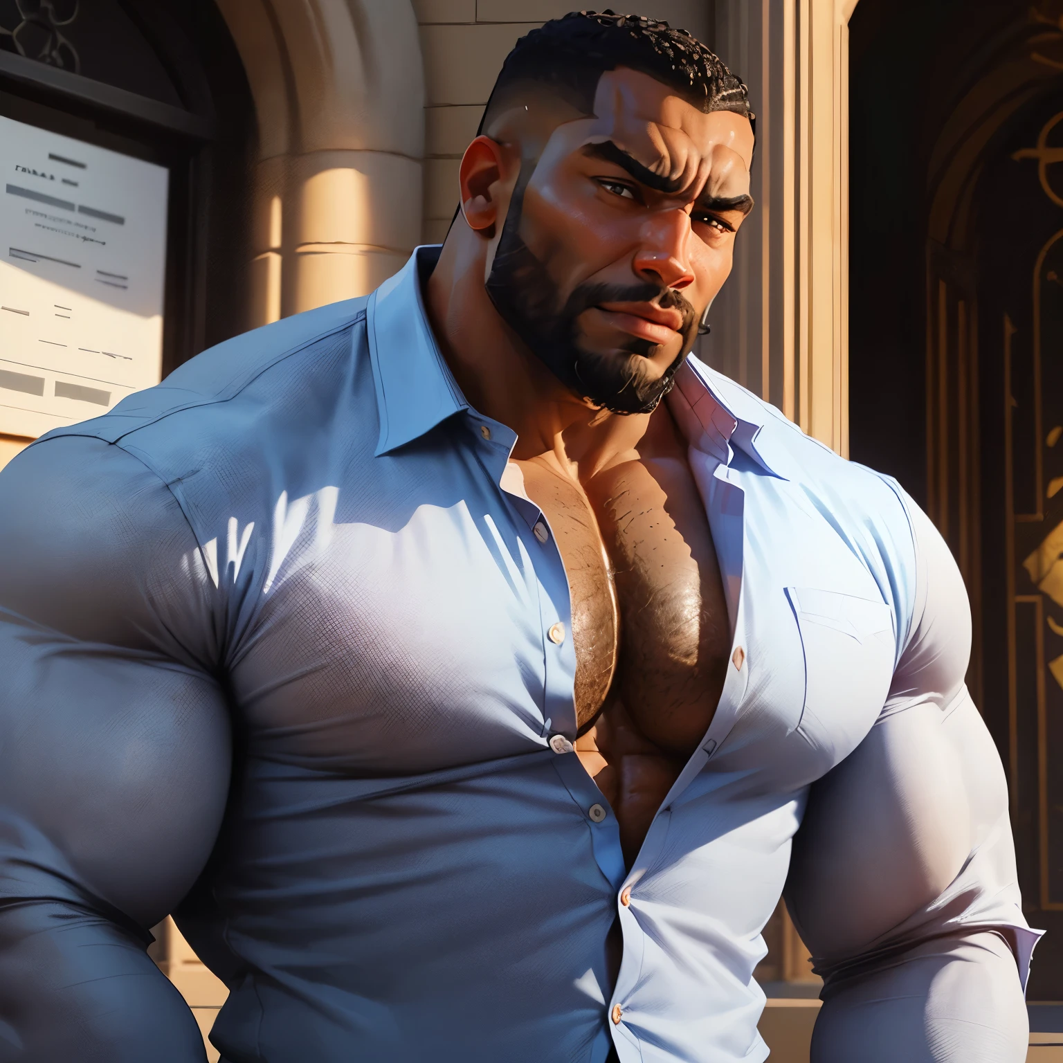 an exaggeratedly muscular and large bodyguard, beefy build, beard, dark-skinned african american male, buzzcut hair with square line, (ashamed expression: 1.2), (wearing unbuttoned business shirt: 1.2), open shirt, small name tag on shirt, (bara pecs: 1.3), (arm and chest hair: 1.1), close-up portrait HD, (outside church cathedral)