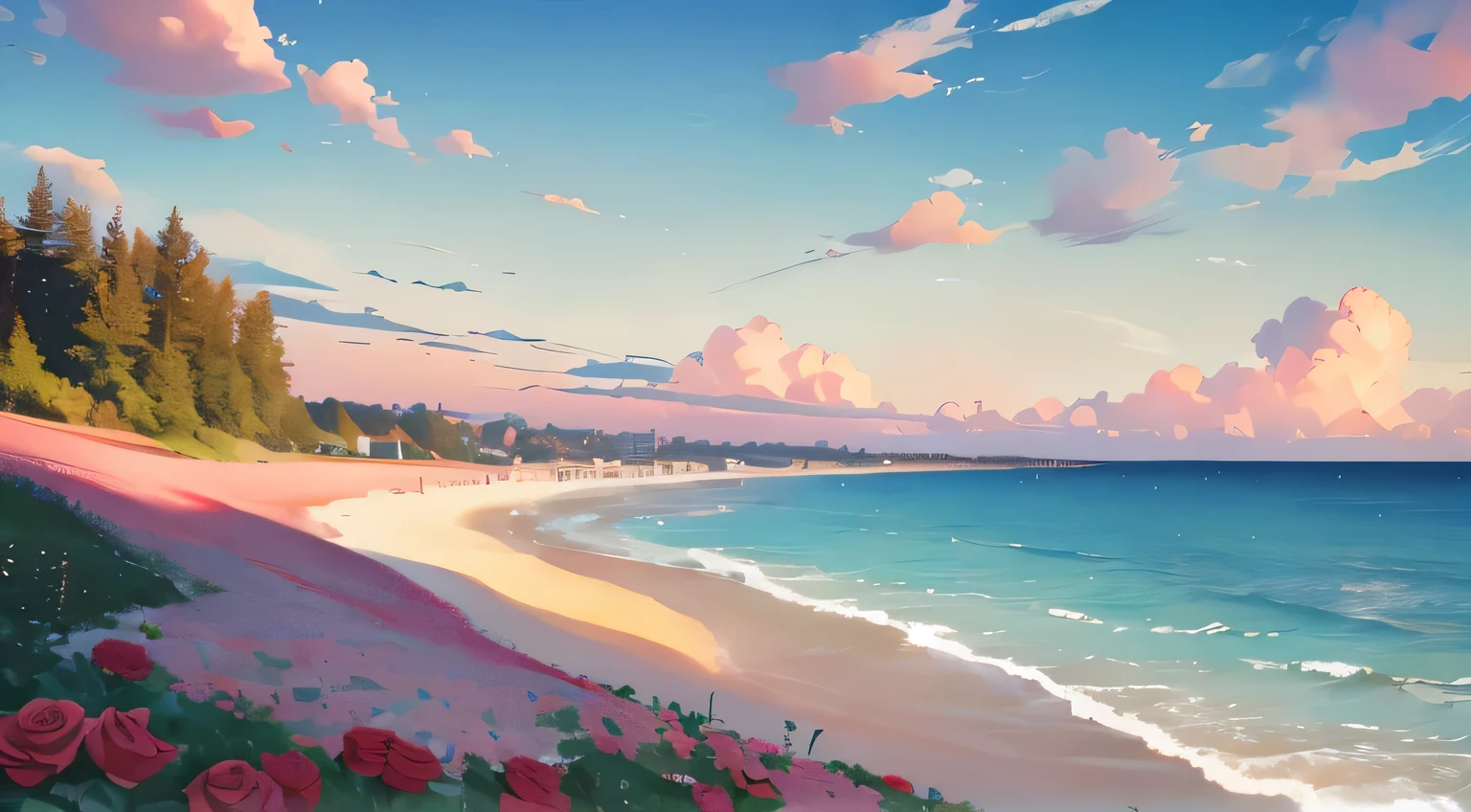 summer,seaside,rosy clouds,land full of roses,More roses,james gurney,landscape photos,Pure scenery,Art station rendering,Ultra wide-angle lens,High sharpness,HD