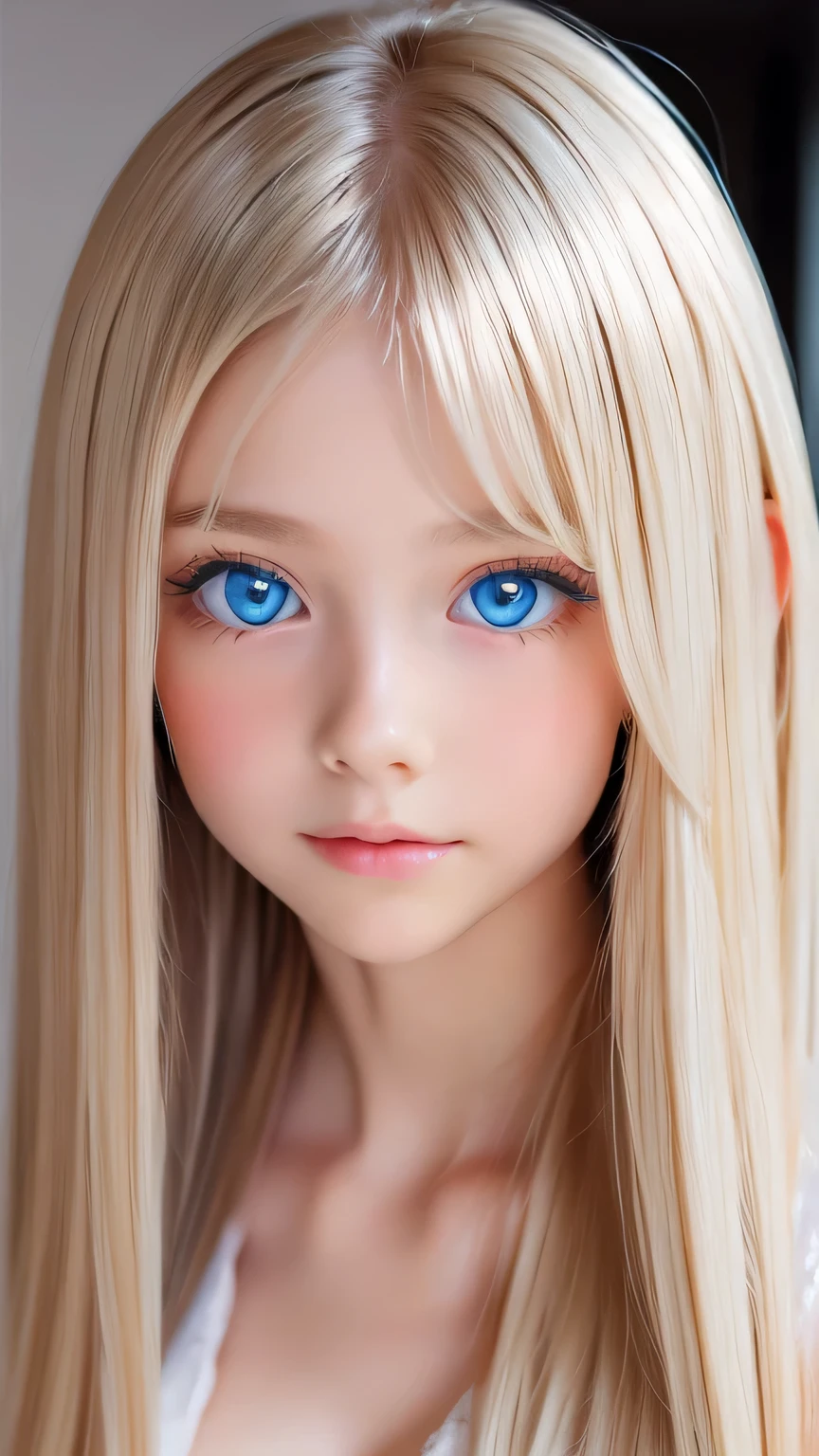 Very beautiful, bright, large light blue eyes、Very big eyes、Super long and beautiful platinum blonde hair、Super long straight hair、Silky Hair、long bangs over the eyes、Very beautiful face, Young and shiny white skin、Sexy and very beautiful appearance、Beautiful and cute face、Very beautiful 14 year old, Stylish Nordic blonde beauty、A little larger chest, Full Body, Pubic hair, Very cute、hair over eyes、hair over one eye、hair between eyes、