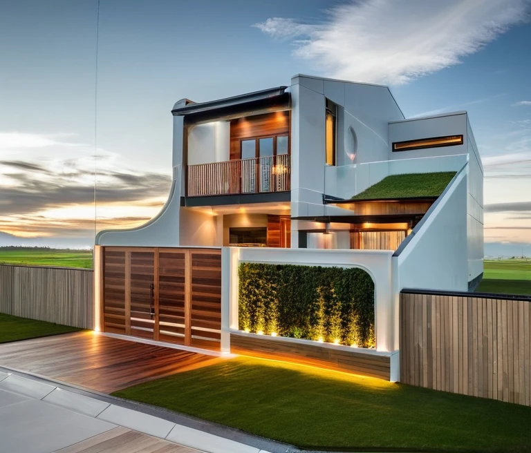 exterior house, contemporary style, white wall, wood wall, wood door, glass window, (realistic:1.2), Masterpiece, high quality, best quality, authentic, super detail, outdoors,road,pavement, grass, trees, sky, cloud, (daylight:1.1)