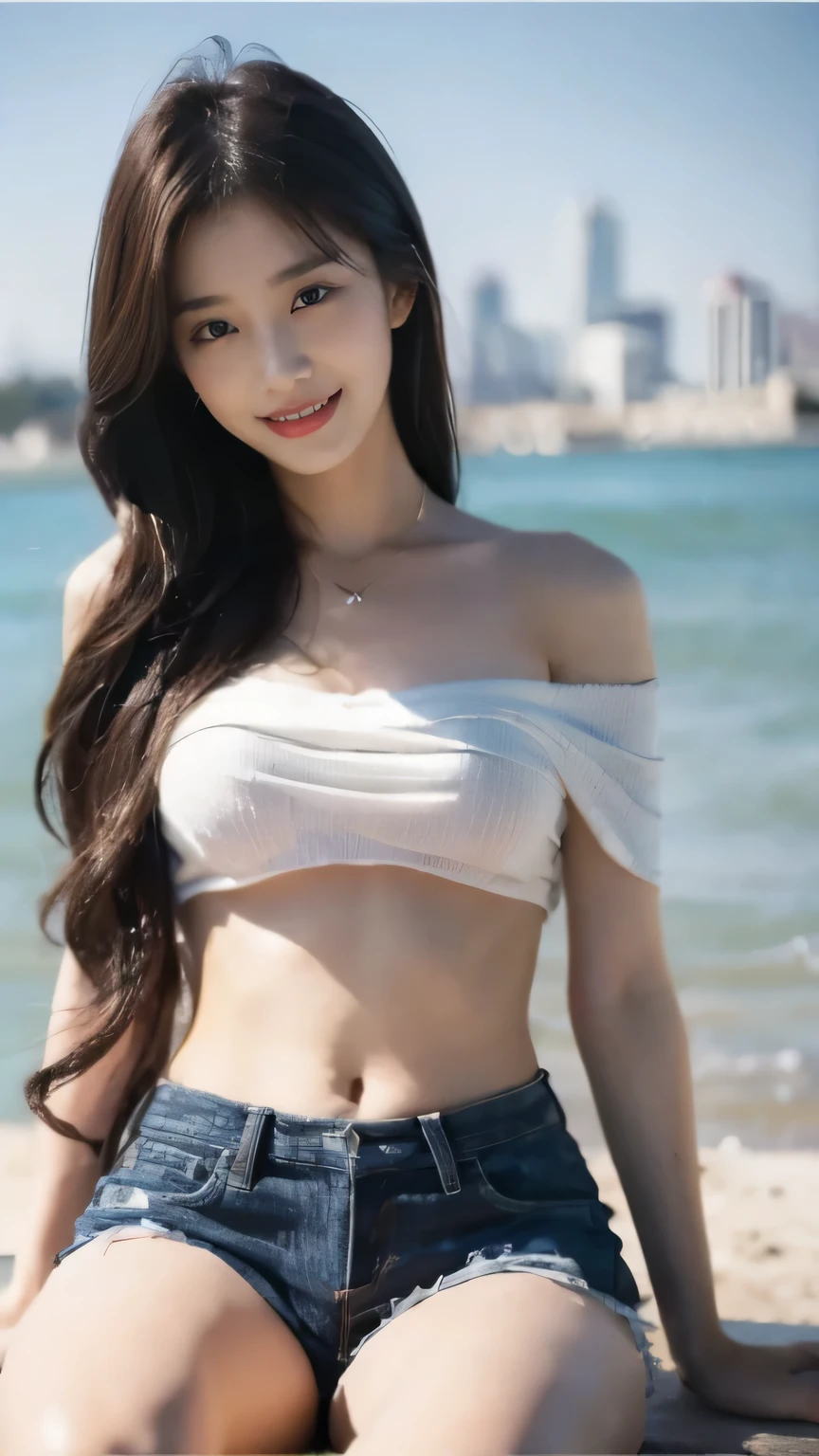 1 girl,very long black hair.,Take off your shirt.,Sports Bar,abdominal muscles, big breasts,Blue lace shirt,The black skirt fell slightly from the waist., ,white panties,high resolution ,beach background,People building a sand pagoda,Songkran water play, sitting on the sand,Bokeh