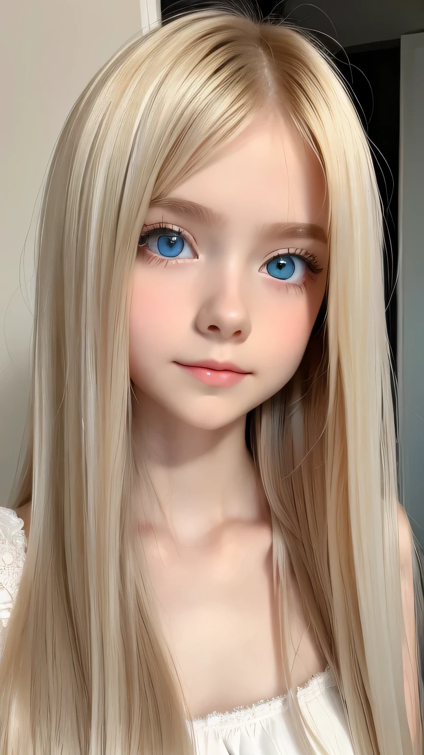 Very beautiful, bright, large light blue eyes、Very big eyes、Super long and beautiful platinum blonde hair、Super long straight hair、Silky Hair、long bangs over the eyes、Very beautiful face, Young and shiny white skin、Sexy and very beautiful appearance、Beautiful and cute face、Very beautiful 14 year old, Stylish Nordic blonde beauty、A little larger chest, Full Body, Pubic hair, Very cute、hair over eyes、hair over one eye、hair between eyes、