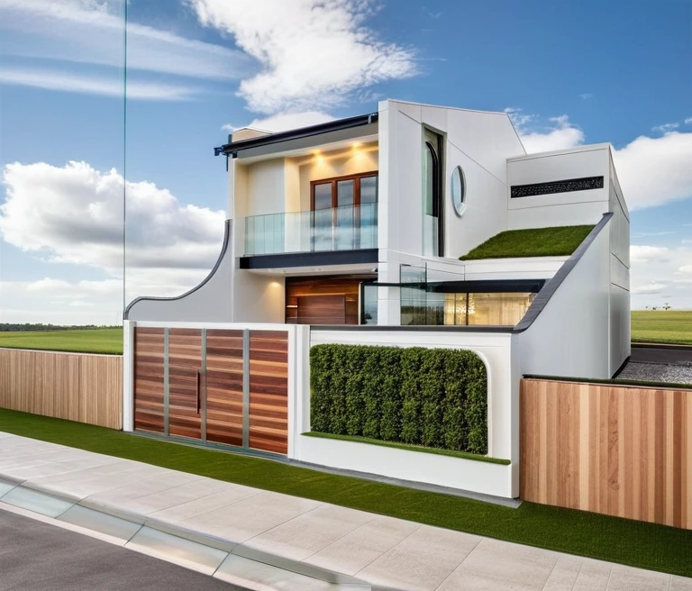 exterior house, contemporary style, white wall, wood wall, wood door, glass window, (realistic:1.2), Masterpiece, high quality, best quality, authentic, super detail, outdoors,road,pavement, grass, trees, sky, cloud, (daylight:1.1)