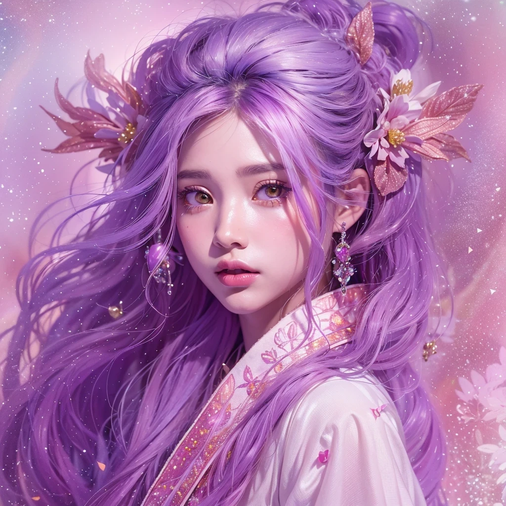 （（（Single eyelid）））Snow hoop exclusion area 32K（tmasterpiece，k hd，hyper HD，32K）Long flowing purple-pink hair，Autumn Pond，zydink， a color， Tongzhou people （Girl with glowing eyes）， （Thin silk scarf）， Side squat position， looking at the ground， long whitr hair， Floating hair， Python headdress， Chinese long-sleeved clothing， （abstract ink splash：1.2）， white backgrounid，Lotus protector（realisticlying：1.4），Purple-pink hair，Snowflakes fluttering，The background is pure， A high resolution， the detail， RAW photogr， Sharp Re， Nikon D850 Film Stock Photo by Jefferies Lee 4 Kodak Portra 400 Camera F1.6 shots, Rich colors, ultra-realistic vivid textures, Dramatic lighting, Unreal Engine Art Station Trend, cinestir 800，Long flowing purple-pink hair，((masterpiece)). This artwork is sweet, dreamy and ethereal, with soft pink watercolor hues and candy accents. Generate a delicate and demure fae exploring a (bubblegum world with a wide variety of pastel shades). Her sweet face is extremely detailed and realistic with elegant features and a fierce expression, and looks like ((((naomi scott)))). Include mature features and stunning, highly realistic eyes. Her eyes are important and should be realistic, highly detailed, and beautiful. In high definition and detail, include lots of details like stars, galaxies, colorful bubbles, colorful petals, and lots of energy and emotion! The stars and colorful bubblegum bubbles are important! Include fantasy details, enhanced details, iridescence, colorful glittering wind, and pollen. Pay special attention to her face and make sure it is beautifully and realistically detailed. The image should be dreamy and ethereal.8k, intricate, elegant, highly detailed, majestic, digital photography