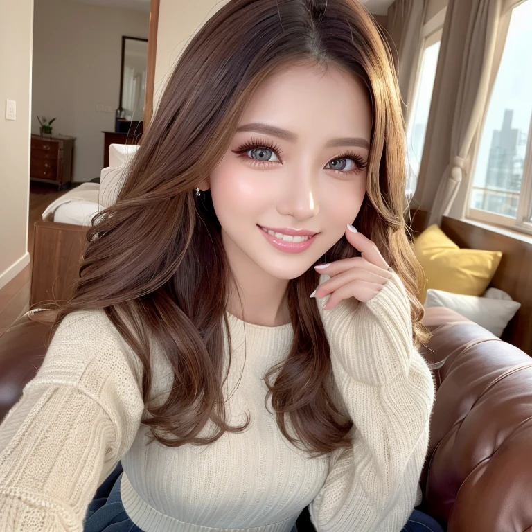 ((highest quality, Tabletop, Ultra-high resolution、The most complex and detailed depiction))、(Bright lighting:1.1)、(spring-like clothes)、(Beautiful woman:1.1)、(Long Wavy Hair:1.05), (Accurate anatomy:1.1)、Colored contact lenses、Perfect Makeup、Natural Lip、Highly saturated eyeshadow、A loose off-the-shoulder knit、Short skirt、blurred background, look at me and smile、Luxury Room、(Face close-up:1.1)、(Ultra-high resolution光沢, Fair skin:1.1)、Ultra-high resolutionの顔、Ultra-high resolutionの髪、Ultra-high resolution sparkling eyes、Ultra-high resolution glossy lips、(Brightly lit white skin:1.1)、Beautiful face drawn in every detail、Ultra-high resolution perfect beautiful teeth、(Bright and vivid:1.1), whole body, 