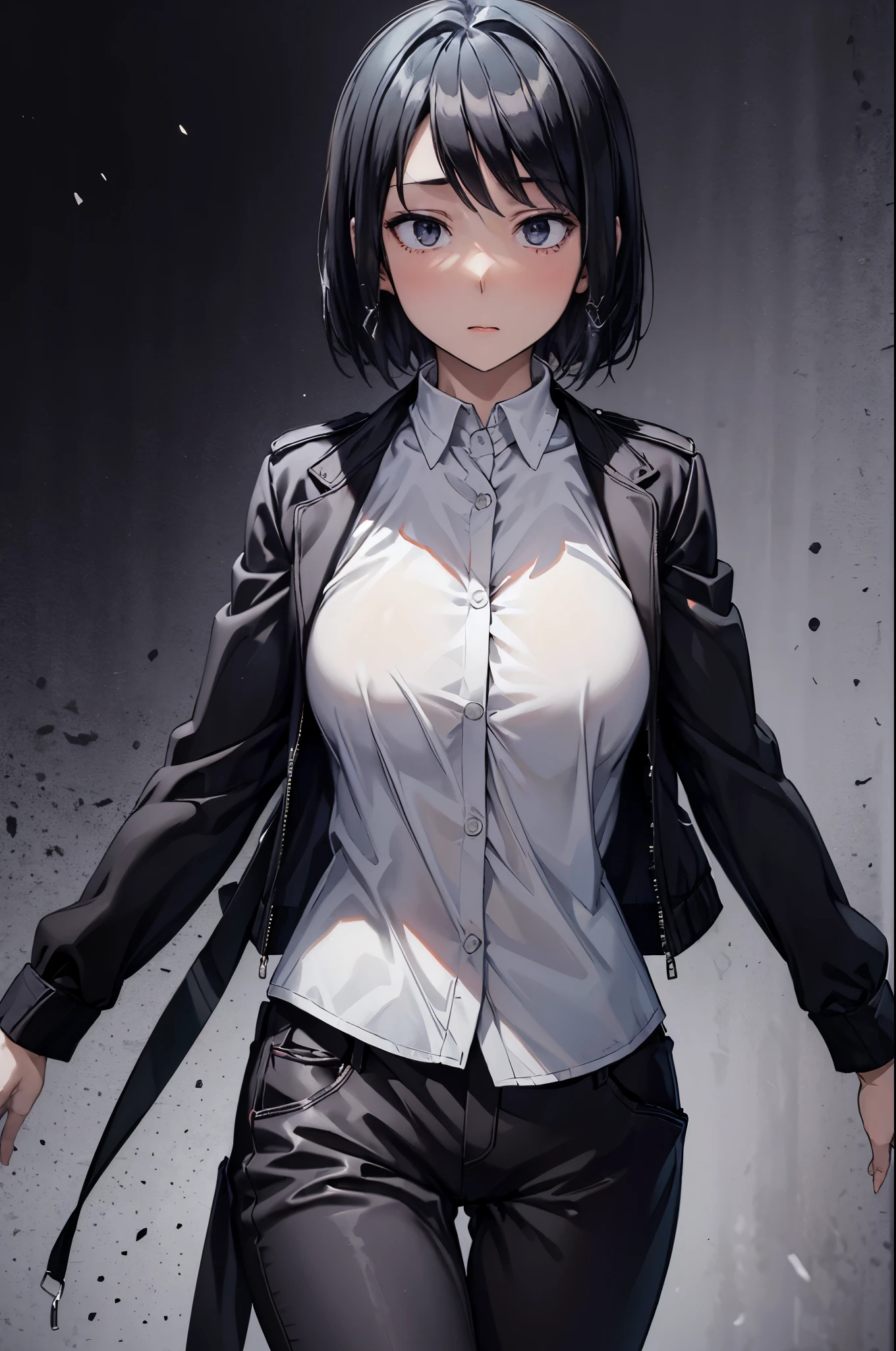 (masterpiece, best quality:1.2), expressive eyes, perfect face, highres, 1girl, solo, (female:1.5), ishigami_yuu, black jacket, open jacket, white shirt, black pants, standing, upper body, looking at the viewer