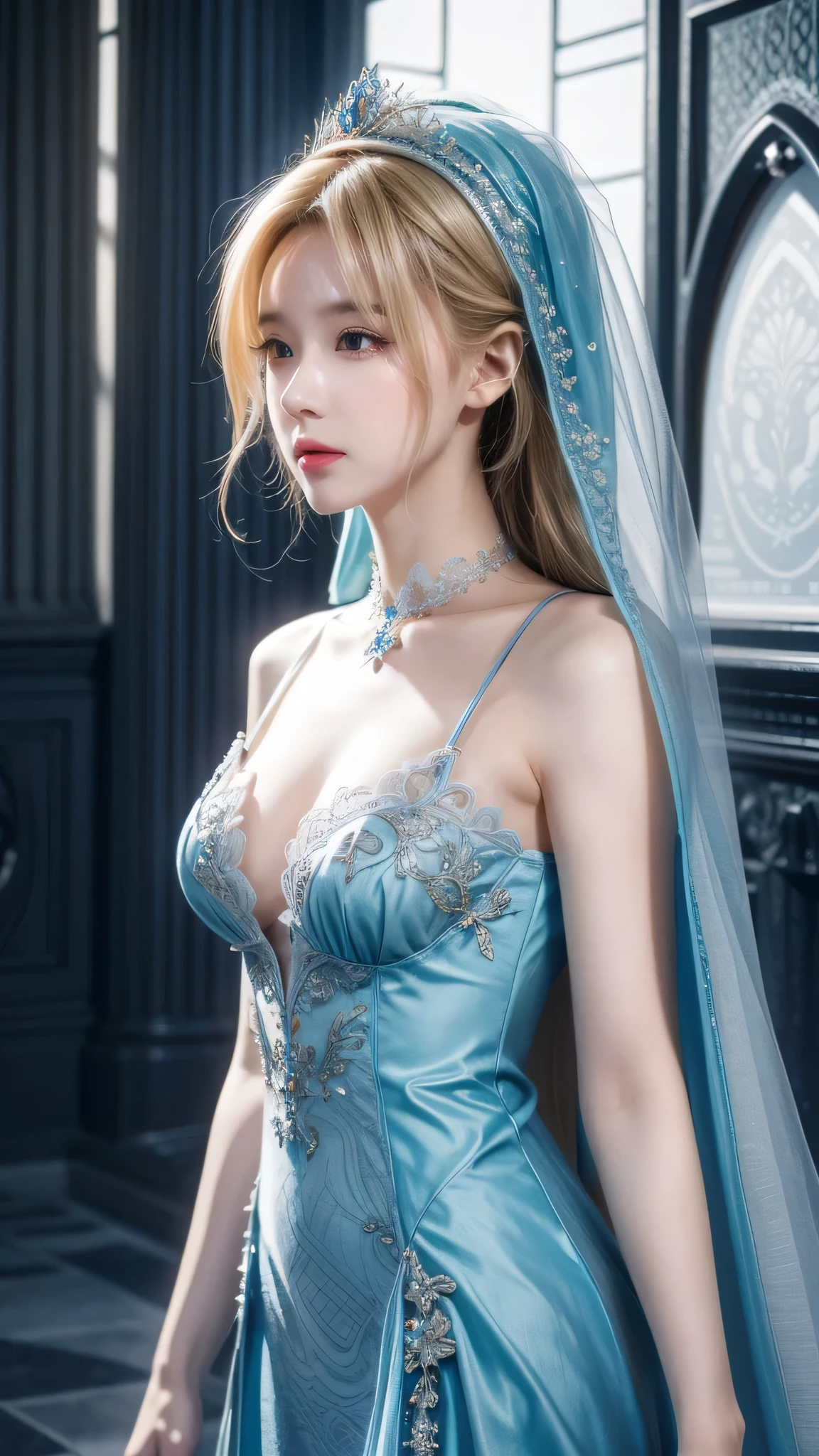Wearing a blue dress、Blonde woman wearing veil and headscarf, Beautiful fantasy girl, Detailed fantasy art, Beautiful fantasy art, Blonde Princess, artgerm on artstation pixiv, Beautiful girl, ((beautiful fantasy queen)), 2. 5d cgi anime fantasy artwork, Fantasy art style, Detailed digital anime art, Fantasy style art