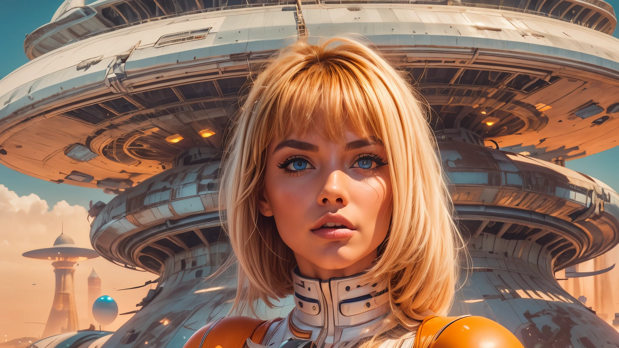 arafed image of a white woman in a futuristic suit with a spaceship in the background, movie art, in front of an orange background, inspired by Robert McGinnis, female protagonist, megastructure in the background, portrait of an ai astronaut, astronauts, an astronaut, portrait of a astronaut skeletor, perfect android girl, detailed eyes, perfectly detailed teeth, frank franzzeta and sakimichan  