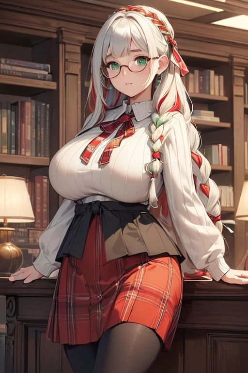 ((masterpiece)), (best quality:1.7), (detailed:1.4), (high res:1.4), 8k, (colorful:1.5), high resolution, sharped image, 4k, hd, (beautiful detailed background:1.2), (beautiful lighting:1.2), (highly detailed:1.2), perfect lighting, (8k wallpaper:1.2), (highly detailed:1.2), (extremely detailed CG:1.2), (((only white gray very long straight hair with two braid front bangs with red ribbon ties))), (only white hair), ((large full chest)), (((very busty))), curvy figure, (((light green eyes))), (beige loose ribbed sweater)), ((red plaid pattern skirt with black full length leggings)), ((big circle glasses)), library, mature, older, human adult, tall, fullbody