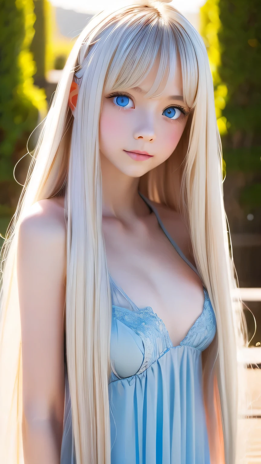 Very beautiful, bright, large light blue eyes、Very big eyes、Super long and beautiful platinum blonde hair、Super long straight hair、Silky Hair、long bangs over the eyes、Very beautiful face, Young and shiny white skin、Very beautiful appearance、Beautiful and cute face、Very beautiful 14 year old, Stylish Nordic blonde beauty、A little larger chest, Full Body, Pubic hair, Very cute、hair over eyes、hair over one eye、hair between eyes、