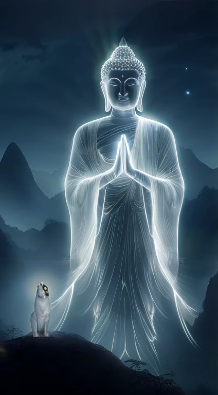 Buddha statue with a dog standing in front of it, white halo, the Buddha, enlightened, spiritual Implications, Shining Holy Halo, on path to Implications, glowing angel, Buddha教, Implications. Wheels within wheels, Divine Presence, Glow from the inside out, Guan yin, on the path to Implications, background artwork, flowing white robe, Beautifully depicted, Buddha, visible holy aura