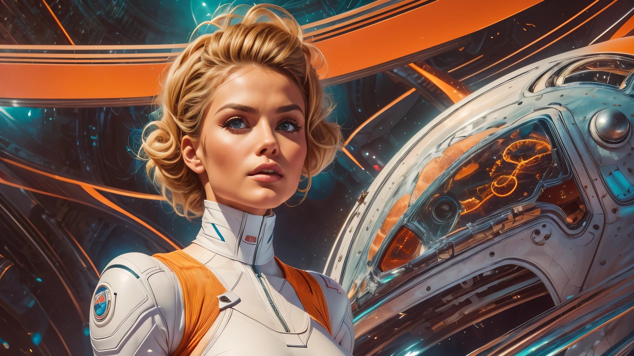 arafed image of a white woman in a futuristic suit with a spaceship in the background, movie art, in front of an orange background, inspired by Robert McGinnis, female protagonist, megastructure in the background, portrait of an ai astronaut, astronauts, an astronaut, portrait of a astronaut skeletor, perfect android girl, detailed eyes, perfectly detailed teeth, frank franzzeta and sakimichan  