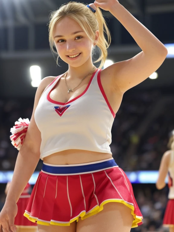 1 girl, naked beautiful 18 year old blonde russian woman cheerleader wearing short colorful cheerleader skirt at a basketball game, smiling, (bright volumetric lighting)+ spotlight+, (large naked++ breasts)+, voluptuous (curvy body)+, smooth shiny wet sweaty skin, short hair ponytail ribbons, necklace bracelets, award winning photograph+, ultra detailed, ultra realistic, masterpiece, 8k