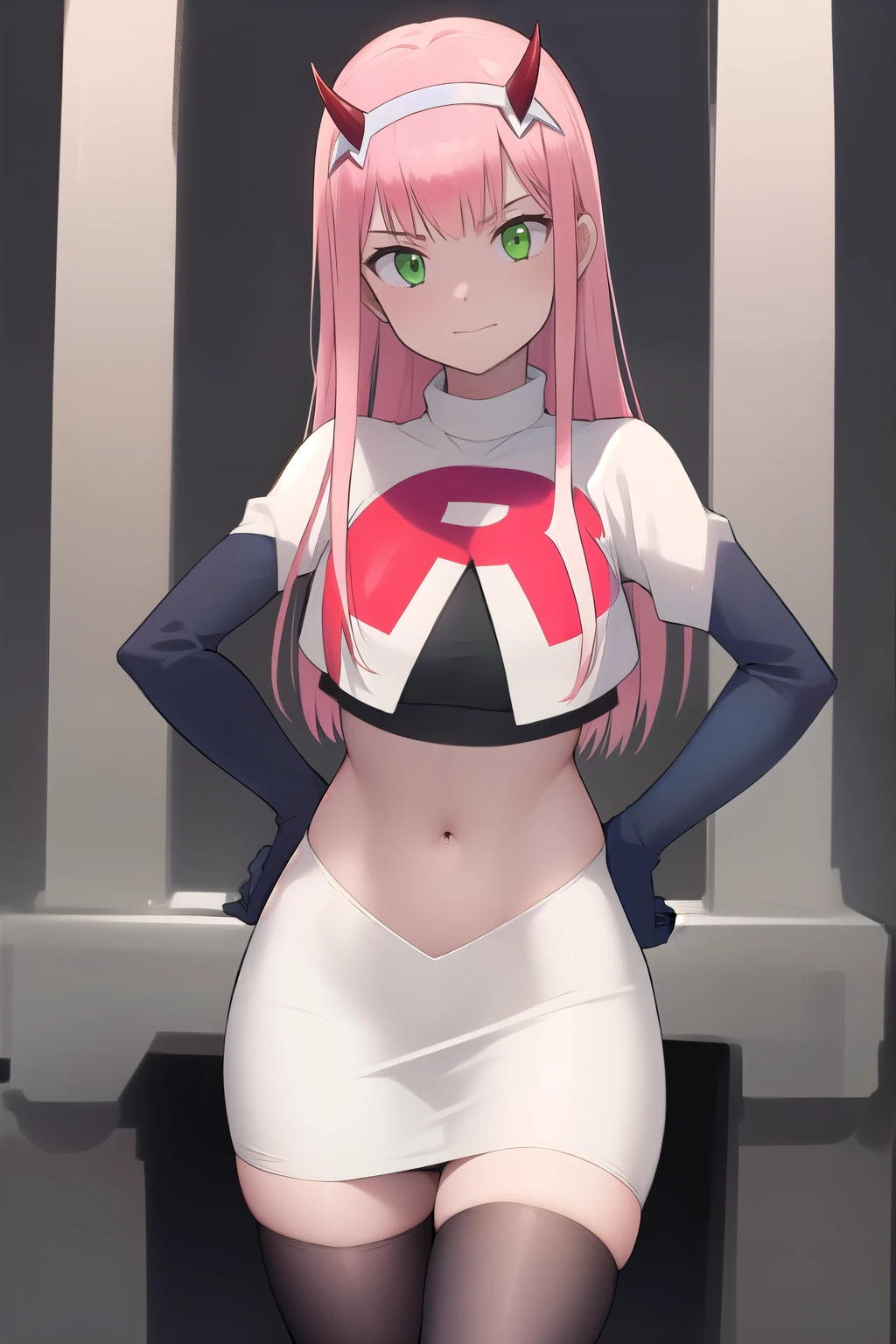 zero two \(darling in the franxx\), darling in the franxx, 1girl, ascot, bangs, green eyes, hairband, horns, long hair, looking at viewer, oni horns, pink hair, red horns, solo, team rocket,team rocket uniform,white skirt,red letter R,crop top,black thigh-highs, white hairband, ((masterpiece))