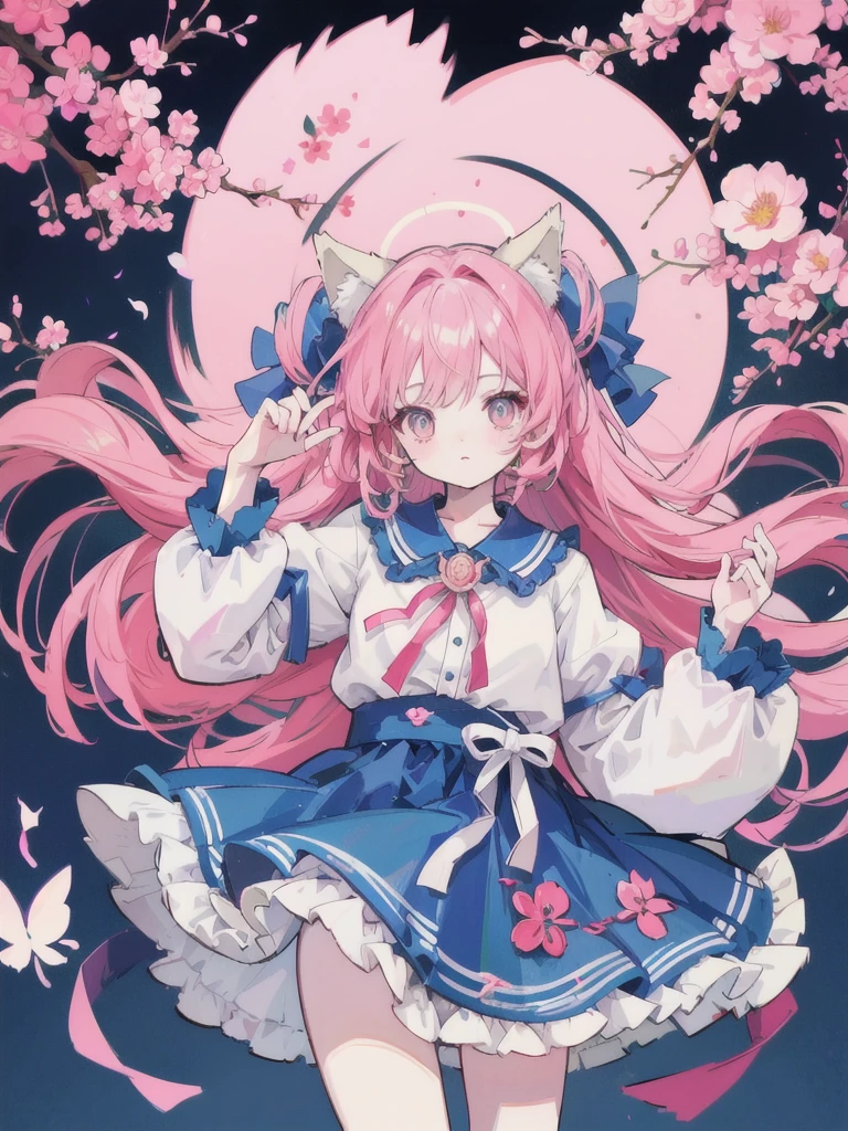 Anime Pictures。Bright and pretty shades。Cute woman with cat ears about 18 years old。Clothing designed in the image of Hungarian national costume。Flowers are fluttering。Flat cute pattern in the background。Extremely high quality、Extremely high image quality、Maste Piece、Best-aesthetic