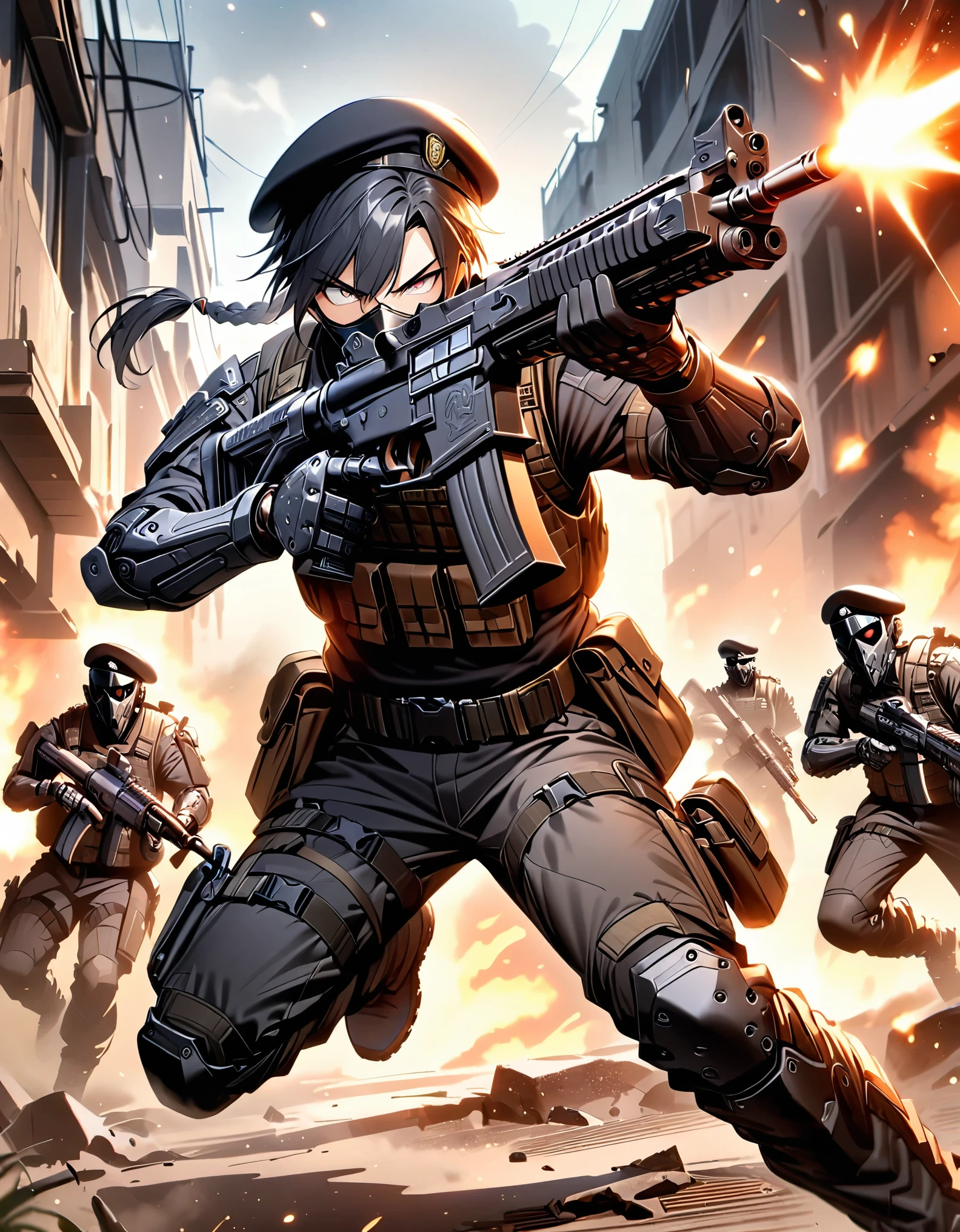 masterpiece, best quality, 1boy, male focus, age 23-29, japanese, belt, beret, black hair, medium hair, bottleneck bangs, braid, hazel eyes, gloves, gun, hat, mask, military, black tactical uniform, mouth mask, pants, combat boots, (mechanical, mechanical arm, right arm), assault rifle, solo, solo focus, black tactical mask, tactical vest, drop-down pistol holster, weapon, snowy war zone, serious, dynamic action pose, firing weapon, holding gun, aiming gun, firing gun, serious, danger atmosphere, full body with costume