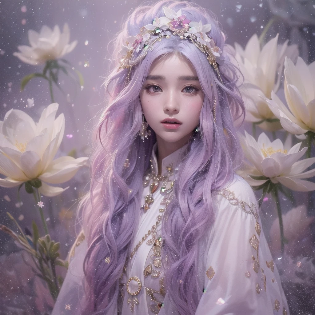 (((Single eyelid)))Snow hoop exclusion area 32K(tmasterpiece,k hd,hyper HD,32K)Long flowing purple-pink hair,Autumn Pond,zydink, a color, Tongzhou people (Girl with glowing eyes), (Thin silk scarf), Side squat position, looking at the ground, long whitr hair, Floating hair, Python headdress, Chinese long-sleeved clothing, (abstract ink splash:1.2), white backgrounid,Lotus protector(realisticlying:1.4),Purple-pink hair,Snowflakes fluttering,The background is pure, A high resolution, the detail, RAW photogr, Sharp Re, Nikon D850 Film Stock Photo by Jefferies Lee 4 Kodak Portra 400 Camera F1.6 shots, Rich colors, ultra-realistic vivid textures, Dramatic lighting, Unreal Engine Art Station Trend, cinestir 800,Long flowing purple-pink hair,((masterpiece)). This artwork is sweet, dreamy and ethereal, with soft pink watercolor hues and candy accents. Generate a delicate and demure fae exploring a (bubblegum world with a wide variety of pastel shades). Her sweet face is extremely detailed and realistic with elegant features and a fierce expression, and looks like ((((naomi scott)))). Include mature features and stunning, highly realistic eyes. Her eyes are important and should be realistic, highly detailed, and beautiful. In high definition and detail, include lots of details like stars, galaxies, colorful bubbles, colorful petals, and lots of energy and emotion! The stars and colorful bubblegum bubbles are important! Include fantasy details, enhanced details, iridescence, colorful glittering wind, and pollen. Pay special attention to her face and make sure it is beautifully and realistically detailed. The image should be dreamy and ethereal.8k, intricate, elegant, highly detailed, majestic, digital photography