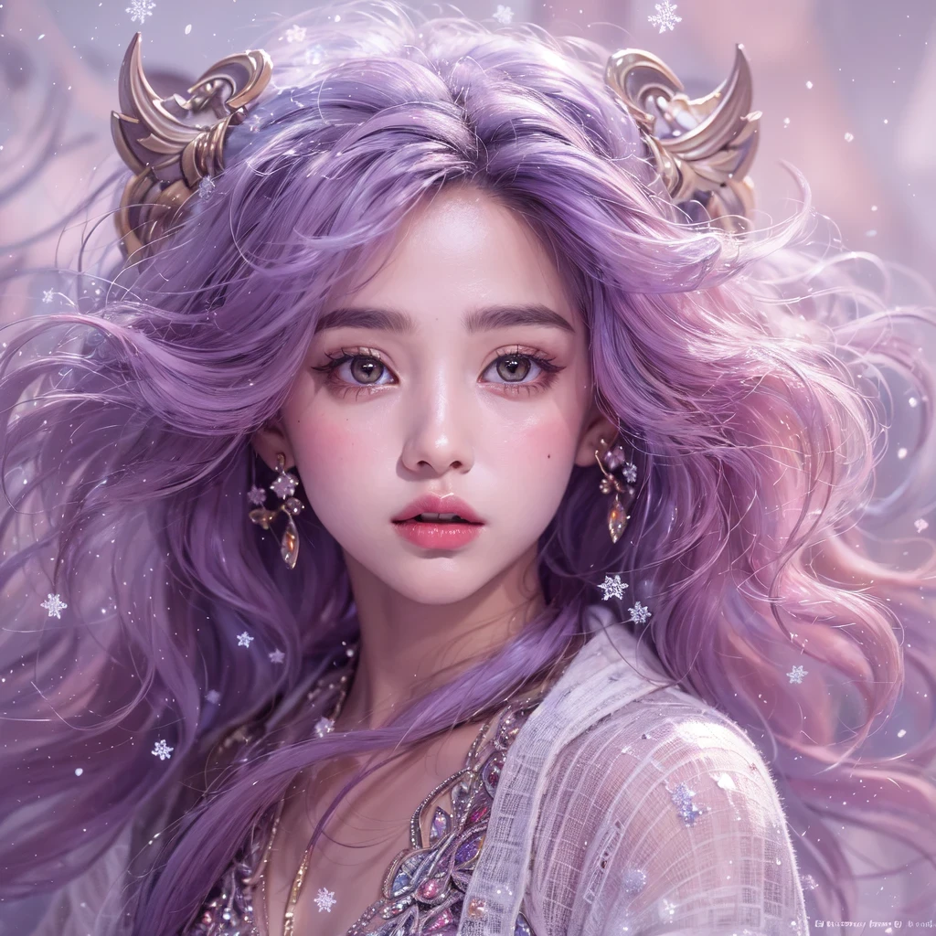 (((Single eyelid)))Snow hoop exclusion area 32K(tmasterpiece,k hd,hyper HD,32K)Long flowing purple-pink hair,Autumn Pond,zydink, a color, Tongzhou people (Girl with glowing eyes), (Thin silk scarf), Side squat position, looking at the ground, long whitr hair, Floating hair, Python headdress, Chinese long-sleeved clothing, (abstract ink splash:1.2), white backgrounid,Lotus protector(realisticlying:1.4),Purple-pink hair,Snowflakes fluttering,The background is pure, A high resolution, the detail, RAW photogr, Sharp Re, Nikon D850 Film Stock Photo by Jefferies Lee 4 Kodak Portra 400 Camera F1.6 shots, Rich colors, ultra-realistic vivid textures, Dramatic lighting, Unreal Engine Art Station Trend, cinestir 800,Long flowing purple-pink hair,((masterpiece)). This artwork is sweet, dreamy and ethereal, with soft pink watercolor hues and candy accents. Generate a delicate and demure fae exploring a (bubblegum world with a wide variety of pastel shades). Her sweet face is extremely detailed and realistic with elegant features and a fierce expression, and looks like ((((naomi scott)))). Include mature features and stunning, highly realistic eyes. Her eyes are important and should be realistic, highly detailed, and beautiful. In high definition and detail, include lots of details like stars, galaxies, colorful bubbles, colorful petals, and lots of energy and emotion! The stars and colorful bubblegum bubbles are important! Include fantasy details, enhanced details, iridescence, colorful glittering wind, and pollen. Pay special attention to her face and make sure it is beautifully and realistically detailed. The image should be dreamy and ethereal.8k, intricate, elegant, highly detailed, majestic, digital photography