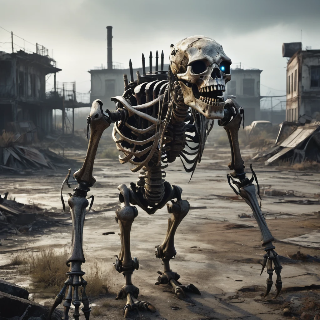(best quality, highres, ultra-detailed:1.2),(extreme complexity)(multiple subjects) (realistic, photorealistic:1.37), (subject 1: a few humanoid mutants (inspired by random animals), wasteland piecemeal outfits, mutated features, sharp teeth, glowing eyes, various animal characteristics, tattered clothing, rusty metal,), (subject 2:studying human skeleton and derelict ruined robo armor), wasteland surroundings, post-apocalyptic atmosphere, cracked bones, decaying machinery, abandoned buildings, dusty landscape, toxic air, eerie lighting, somber color palette, gritty texture