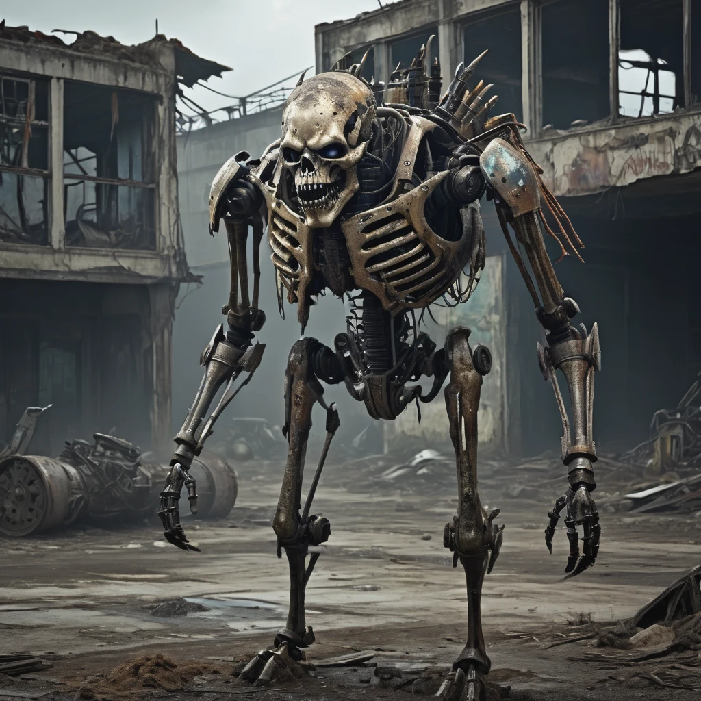 (best quality, highres, ultra-detailed:1.2),(extreme complexity)(multiple subjects) (realistic, photorealistic:1.37), (subject 1: a few humanoid mutants (inspired by random animals), wasteland piecemeal outfits, mutated features, sharp teeth, glowing eyes, various animal characteristics, tattered clothing, rusty metal,), (subject 2:studying human skeleton and derelict ruined robo armor), wasteland surroundings, post-apocalyptic atmosphere, cracked bones, decaying machinery, abandoned buildings, dusty landscape, toxic air, eerie lighting, somber color palette, gritty texture