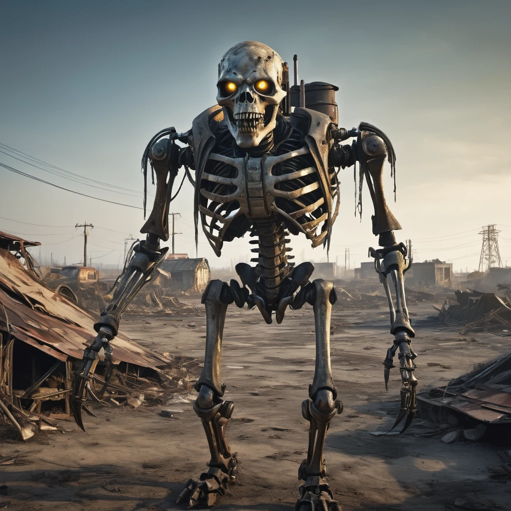 (best quality, highres, ultra-detailed:1.2),(extreme complexity)(multiple subjects) (realistic, photorealistic:1.37), (subject 1: a few humanoid mutants (inspired by random animals), wasteland piecemeal outfits, mutated features, sharp teeth, glowing eyes, various animal characteristics, tattered clothing, rusty metal,), (subject 2:studying human skeleton and derelict ruined robo armor), wasteland surroundings, post-apocalyptic atmosphere, cracked bones, decaying machinery, abandoned buildings, dusty landscape, toxic air, eerie lighting, somber color palette, gritty texture