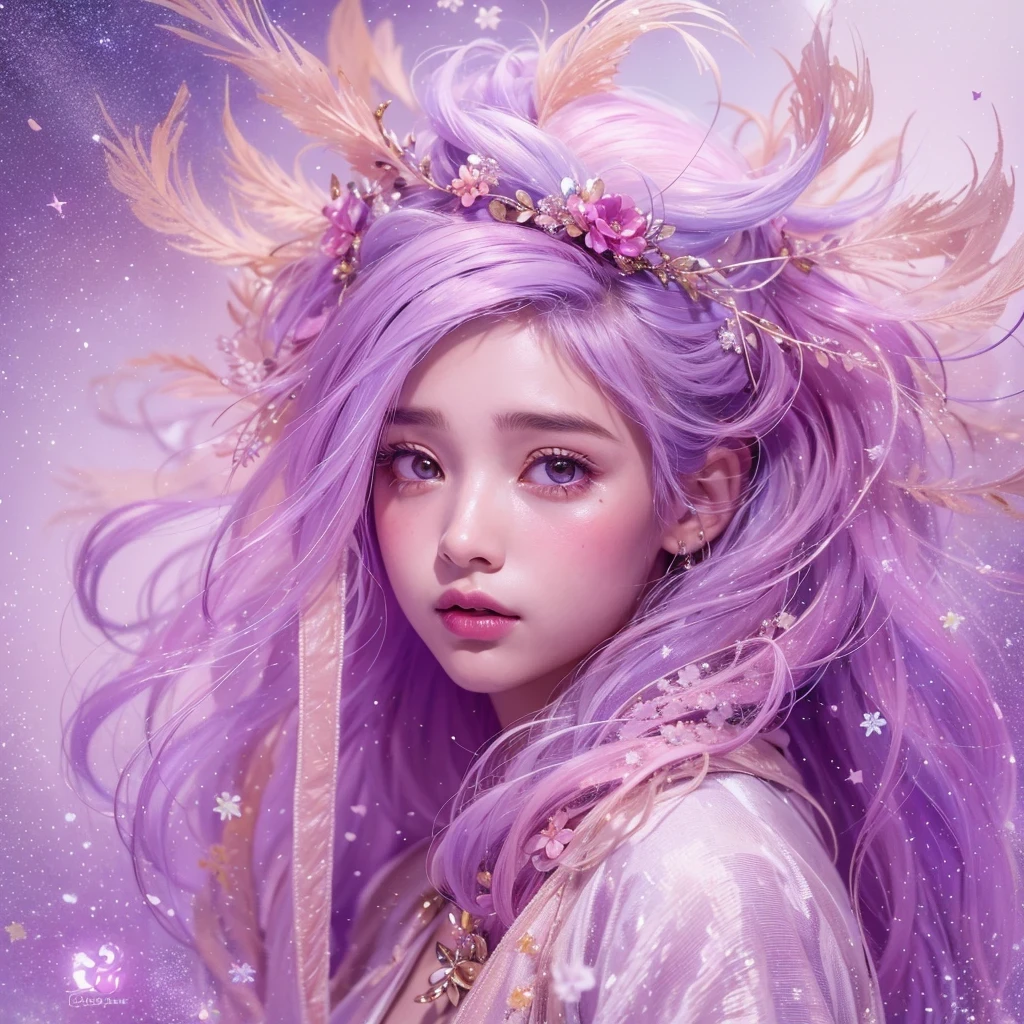 （（（Single eyelid）））Snow hoop exclusion area 32K（tmasterpiece，k hd，hyper HD，32K）Long flowing purple-pink hair，Autumn Pond，zydink， a color， Tongzhou people （Girl with glowing eyes）， （Thin silk scarf）， Side squat position， looking at the ground， long whitr hair， Floating hair， Python headdress， Chinese long-sleeved clothing， （abstract ink splash：1.2）， white backgrounid，Lotus protector（realisticlying：1.4），Purple-pink hair，Snowflakes fluttering，The background is pure， A high resolution， the detail， RAW photogr， Sharp Re， Nikon D850 Film Stock Photo by Jefferies Lee 4 Kodak Portra 400 Camera F1.6 shots, Rich colors, ultra-realistic vivid textures, Dramatic lighting, Unreal Engine Art Station Trend, cinestir 800，Long flowing purple-pink hair，((masterpiece)). This artwork is sweet, dreamy and ethereal, with soft pink watercolor hues and candy accents. Generate a delicate and demure fae exploring a (bubblegum world with a wide variety of pastel shades). Her sweet face is extremely detailed and realistic with elegant features and a fierce expression, and looks like ((((naomi scott)))). Include mature features and stunning, highly realistic eyes. Her eyes are important and should be realistic, highly detailed, and beautiful. In high definition and detail, include lots of details like stars, galaxies, colorful bubbles, colorful petals, and lots of energy and emotion! The stars and colorful bubblegum bubbles are important! Include fantasy details, enhanced details, iridescence, colorful glittering wind, and pollen. Pay special attention to her face and make sure it is beautifully and realistically detailed. The image should be dreamy and ethereal.8k, intricate, elegant, highly detailed, majestic, digital photography