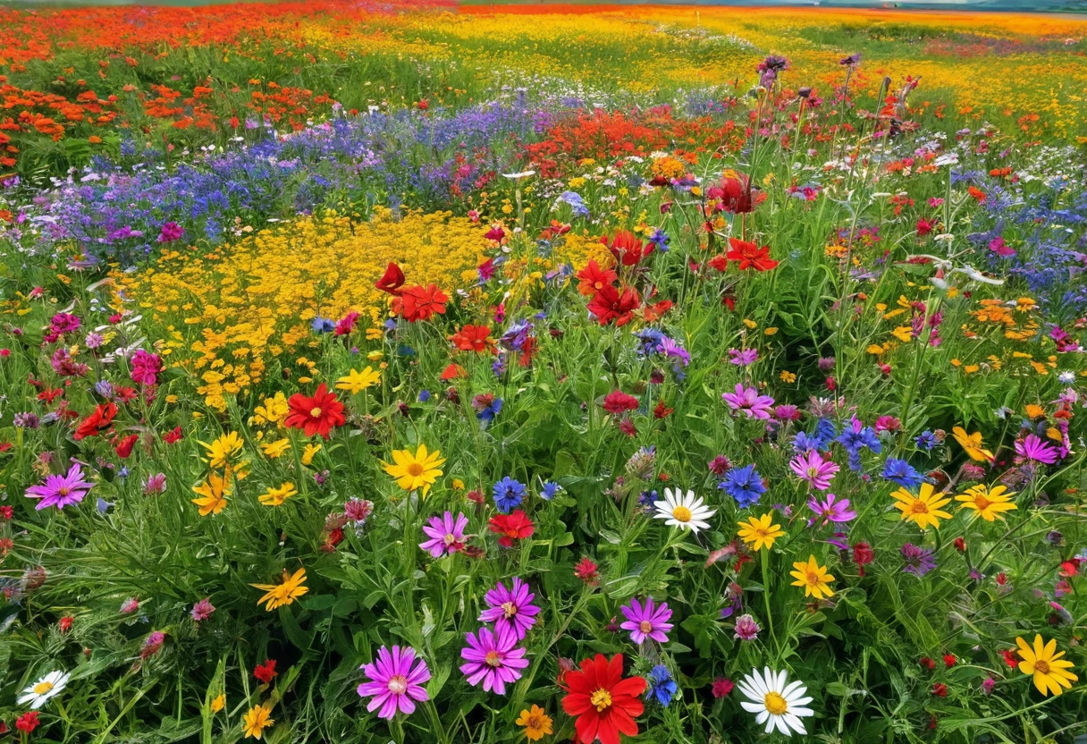 There are many different colored flowers blooming in the fields., A big flower in front、Wildflowers, Meadow flowers, Wildflowers, Flower meadow,