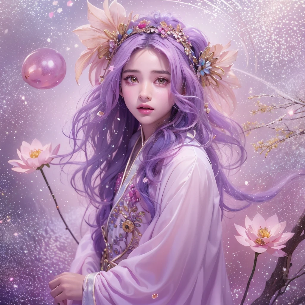 （（（Single eyelid）））Snow hoop exclusion area 32K（tmasterpiece，k hd，hyper HD，32K）Long flowing purple-pink hair，Autumn Pond，zydink， a color， Tongzhou people （Girl with glowing eyes）， （Thin silk scarf）， Side squat position， looking at the ground， long whitr hair， Floating hair， Python headdress， Chinese long-sleeved clothing， （abstract ink splash：1.2）， white backgrounid，Lotus protector（realisticlying：1.4），Purple-pink hair，Snowflakes fluttering，The background is pure， A high resolution， the detail， RAW photogr， Sharp Re， Nikon D850 Film Stock Photo by Jefferies Lee 4 Kodak Portra 400 Camera F1.6 shots, Rich colors, ultra-realistic vivid textures, Dramatic lighting, Unreal Engine Art Station Trend, cinestir 800，Long flowing purple-pink hair，((masterpiece)). This artwork is sweet, dreamy and ethereal, with soft pink watercolor hues and candy accents. Generate a delicate and demure fae exploring a (bubblegum world with a wide variety of pastel shades). Her sweet face is extremely detailed and realistic with elegant features and a fierce expression, and looks like ((((naomi scott)))). Include mature features and stunning, highly realistic eyes. Her eyes are important and should be realistic, highly detailed, and beautiful. In high definition and detail, include lots of details like stars, galaxies, colorful bubbles, colorful petals, and lots of energy and emotion! The stars and colorful bubblegum bubbles are important! Include fantasy details, enhanced details, iridescence, colorful glittering wind, and pollen. Pay special attention to her face and make sure it is beautifully and realistically detailed. The image should be dreamy and ethereal.8k, intricate, elegant, highly detailed, majestic, digital photography