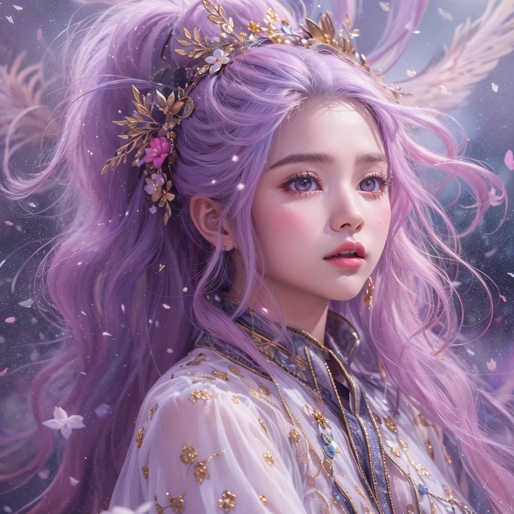 （（（Single eyelid）））Snow hoop exclusion area 32K（tmasterpiece，k hd，hyper HD，32K）Long flowing purple-pink hair，Autumn Pond，zydink， a color， Tongzhou people （Girl with glowing eyes）， （Thin silk scarf）， Side squat position， looking at the ground， long whitr hair， Floating hair， Python headdress， Chinese long-sleeved clothing， （abstract ink splash：1.2）， white backgrounid，Lotus protector（realisticlying：1.4），Purple-pink hair，Snowflakes fluttering，The background is pure， A high resolution， the detail， RAW photogr， Sharp Re， Nikon D850 Film Stock Photo by Jefferies Lee 4 Kodak Portra 400 Camera F1.6 shots, Rich colors, ultra-realistic vivid textures, Dramatic lighting, Unreal Engine Art Station Trend, cinestir 800，Long flowing purple-pink hair，((masterpiece)). This artwork is sweet, dreamy and ethereal, with soft pink watercolor hues and candy accents. Generate a delicate and demure fae exploring a (bubblegum world with a wide variety of pastel shades). Her sweet face is extremely detailed and realistic with elegant features and a fierce expression, and looks like ((((naomi scott)))). Include mature features and stunning, highly realistic eyes. Her eyes are important and should be realistic, highly detailed, and beautiful. In high definition and detail, include lots of details like stars, galaxies, colorful bubbles, colorful petals, and lots of energy and emotion! The stars and colorful bubblegum bubbles are important! Include fantasy details, enhanced details, iridescence, colorful glittering wind, and pollen. Pay special attention to her face and make sure it is beautifully and realistically detailed. The image should be dreamy and ethereal.8k, intricate, elegant, highly detailed, majestic, digital photography