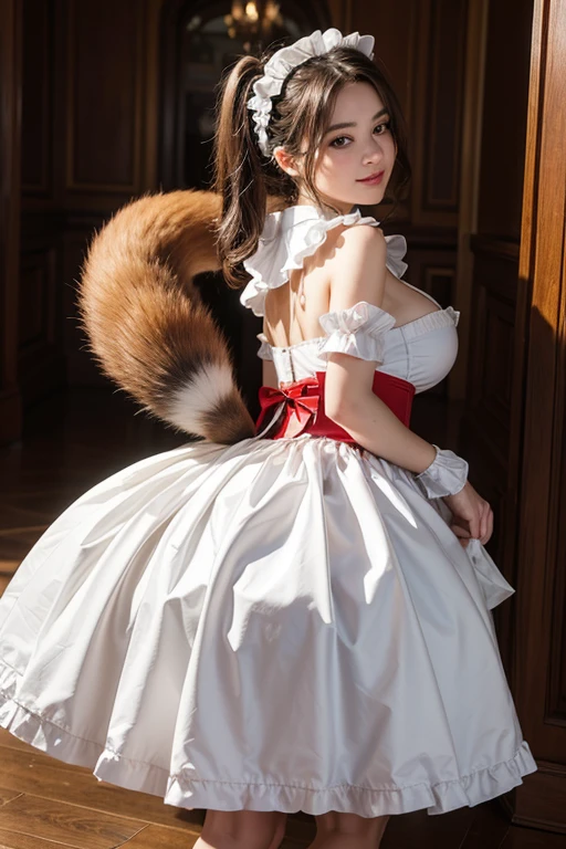 ((highest quality, 32k)), ((masterpiece)), (Familiar), Perfect Face, Fox Girl, Beautiful woman, public, Has a tail, She has a fluffy tail, She has a red fox's tail., She wags her tail, smile, bell collar, She wears a maid outfit, Beautiful Hips, Big Breasts, Big tail, A tail protrudes from under her maid outfit., she turns around