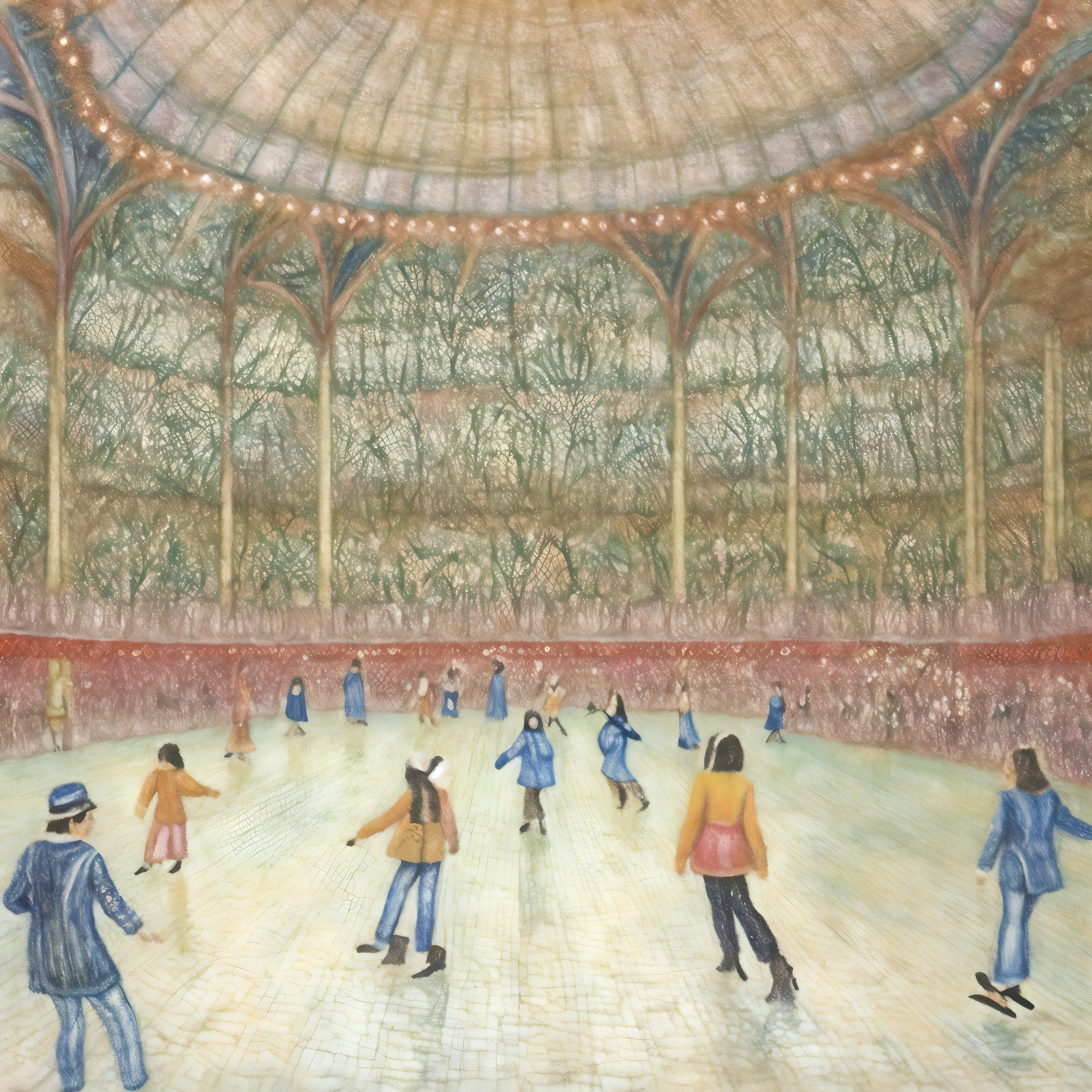 japan color pencil, obviously color pencil texture, A painting of people skating in a large indoor area, Inspired by Édouard Detaille, architectural illustration, Inspired by Alexandre Benois, illustration!, Inspired by Philip Evergood, Crystal Palace, author:Valeria Denes, author:Emmanuel Beecher, by Carla Vizgara, author:Andre Bonnevo, author:Rachel Reckitt