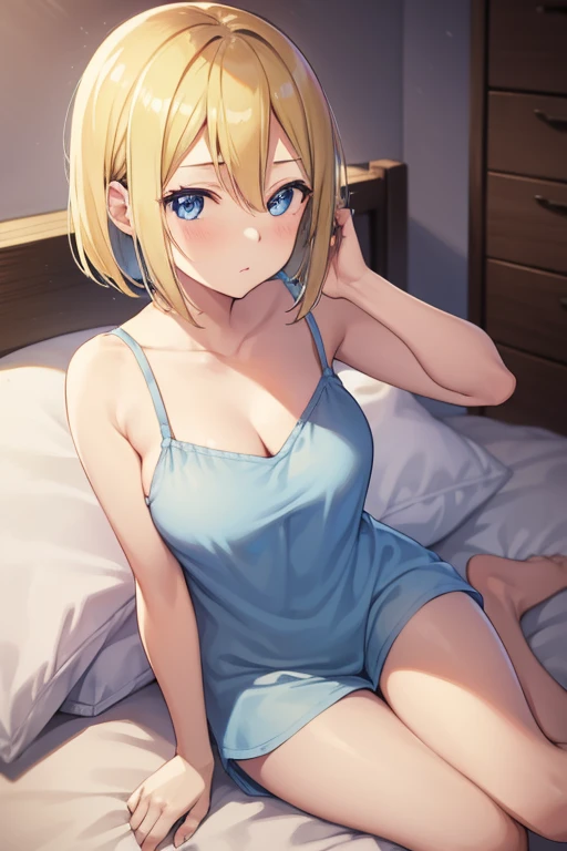 one person, one personの女の子, AiHayasaka, Ai Hayasaka, Blonde Hair, Blonde, Bobcut, bobbed hair, blue eyes, Blue Scrunchie,  Big Breasts, breast, Flushed Cheeks, Wearing pajamas, Nightwear