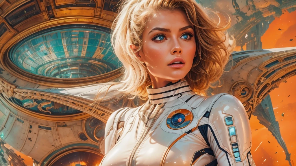 arafed image of a white woman in a futuristic suit with a spaceship in the background, movie art, in front of an orange background, inspired by Robert McGinnis, female protagonist, megastructure in the background, portrait of an ai astronaut, astronauts, an astronaut, portrait of a astronaut skeletor, perfect android girl, detailed eyes, perfectly detailed teeth, frank franzzeta and sakimichan  