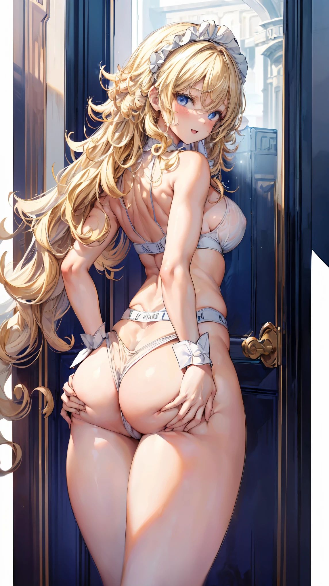 Super detailed、highest quality、Best image quality、masterpiece、8K、Anime Face、A kind smile、Open Mouth、Sparkling Blue Eyes、(Long blonde curly hair:1.4)、Wearing a maid headband、(SFW huge body)、(((Rear view)))、Cowboy Shot、(Wearing a white thong:1.5)、Muscles of the whole body、Hands on hips、Stick your ass out、(Grabbing own Ass:1.5)